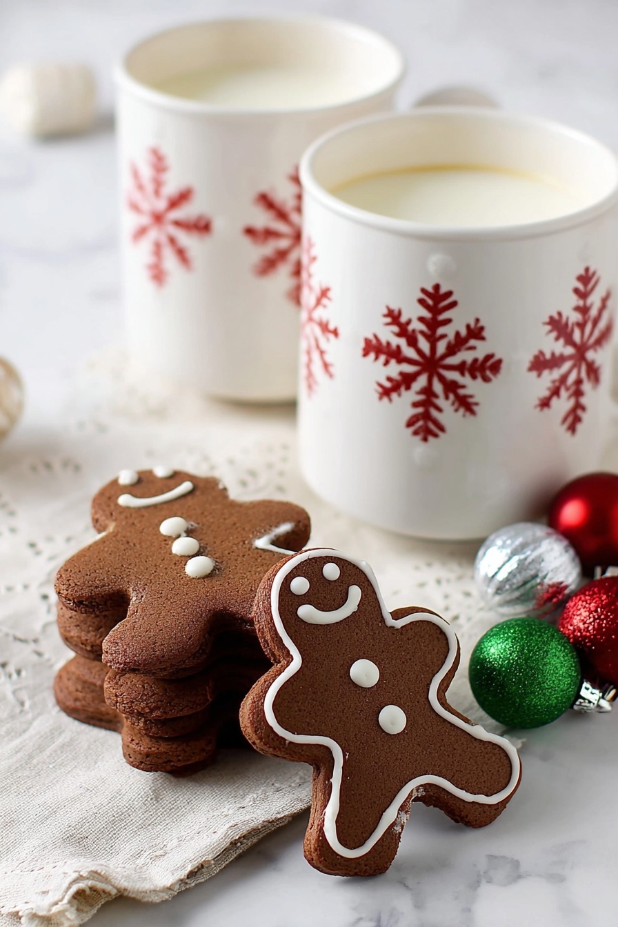 The image shows two white mugs with red snowflake patterns near the top, filled with white milk, placed on a white marbled surface. In the foreground, there is a stack of dark brown gingerbread cookies shaped like gingerbread people, with three small white icing dots on top in a vertical line. Next to the stack, one gingerbread cookie is standing upright and decorated with white icing outlining the shape, with a bite taken out of its head. Small shiny Christmas ornaments in red, green, and silver are placed beside the mugs. The items rest on a light-colored cloth that adds texture to the scene. Photo taken with an iphone --ar 2:3 --v 7 - Chocolate Gingerbread Cookie, gingerbread chocolate cookies, soft gingerbread cookies with chocolate, holiday gingerbread cookies, spiced chocolate cookies