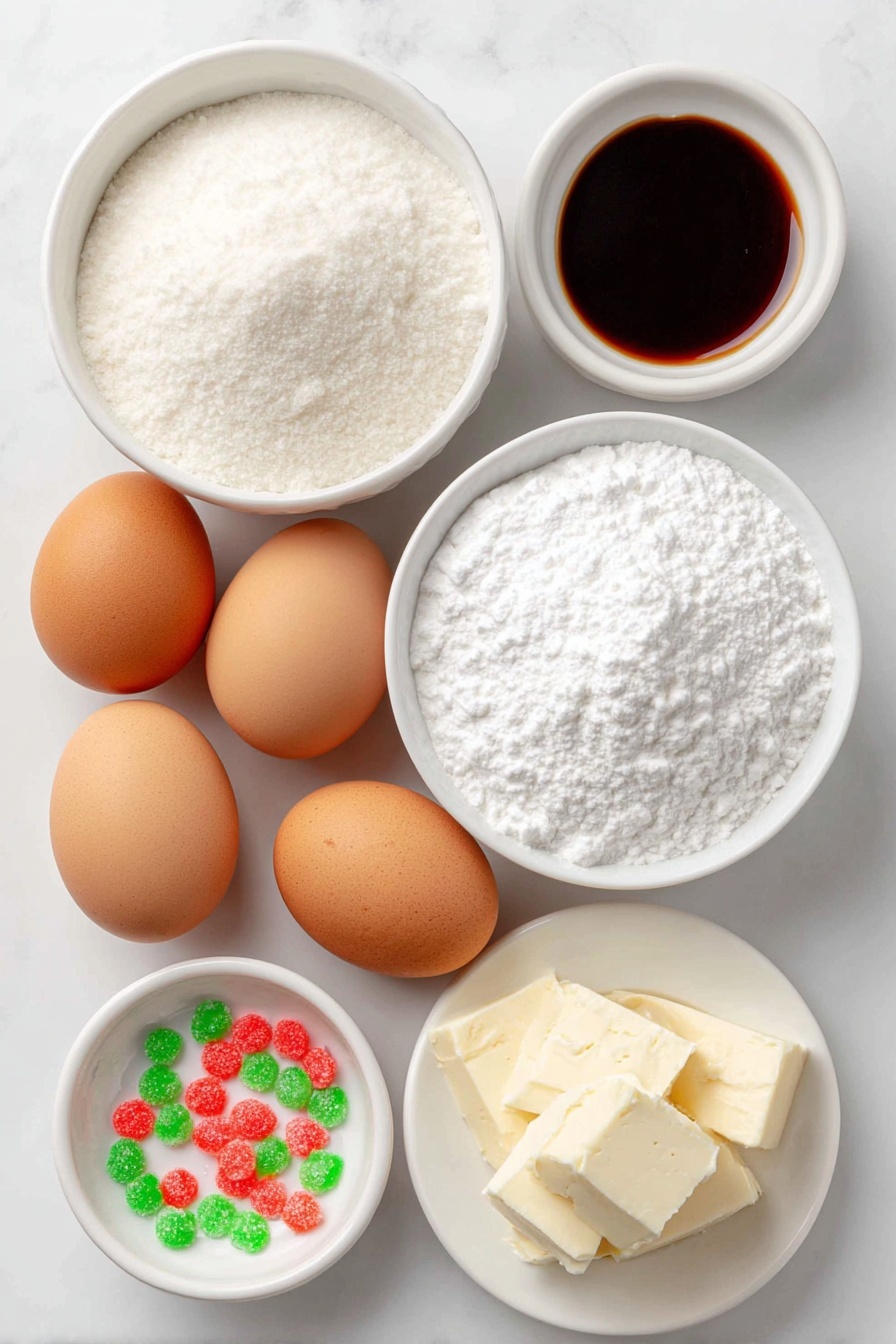 Flat lay of four large whole uncracked brown eggs, a small white ceramic bowl of fine white granulated sugar, a small white ceramic bowl of pale cream of tartar powder, a small white ceramic bowl with clear vanilla extract, small amounts of bright red and green gel food coloring arranged as tiny colorful dollops on a simple white ceramic dish, placed on a clean white marble surface, soft natural light, photo taken with an iPhone, professional food photography style, fresh ingredients, white ceramic bowls, no bottles, no duplicates, no utensils, no packaging --ar 2:3 --v 7 --p m7354615311229779997 - Christmas Meringue Kisses, festive meringue bites, holiday cookies, peppermint meringue treats, colorful Christmas desserts