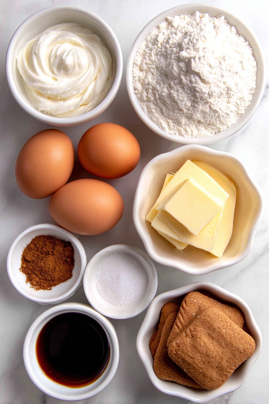 Flat lay of three whole brown eggs with clean shells, a small mound of all-purpose flour on a white ceramic plate, a small white bowl of ground cinnamon, a small white bowl of ground cloves, a small white bowl of ground ginger, a small white bowl of kosher salt, a small white bowl of baking soda, a small white bowl of dark molasses, a small pat of melted butter on a white ceramic dish, a small white bowl of granulated sugar, a small white bowl of confectioners’ sugar, a white ceramic bowl of softened cream cheese, a small pat of unsalted butter on a white ceramic dish, a small white bowl of vanilla extract, a small white bowl of minced crystallized ginger, a few gingerbread cookies placed simply, all arranged symmetrically and naturally fresh, placed on a clean white marble surface, soft natural light, photo taken with an iPhone, professional food photography style, fresh ingredients, white ceramic bowls, no bottles, no duplicates, no utensils, no packaging --ar 2:3 --v 7 --p m7354615311229779997 - Christmas Gingerbread Swiss Cake Roll, holiday gingerbread cake, festive Swiss roll dessert, Christmas cake roll, gingerbread sponge cake