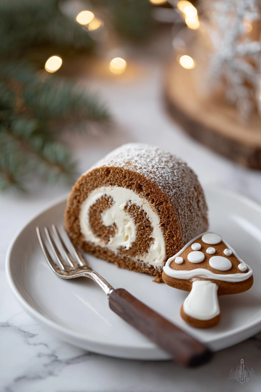 A white plate holds a single slice of brown cake roll with a light cream swirl inside, positioned near the center. Next to the cake roll, on the right side, is a small mushroom-shaped cookie decorated with white icing that looks like spots on the mushroom cap. Behind the plate, a silver fork with a dark wooden handle rests on the plate's edge. The scene is softly lit by small warm string lights in the blurred background, set on a white marbled surface with a hint of green from a pine branch on the left side. Photo taken with an iphone --ar 2:3 --v 7 - Christmas Gingerbread Swiss Cake Roll, holiday gingerbread cake, festive Swiss roll dessert, Christmas cake roll, gingerbread sponge cake