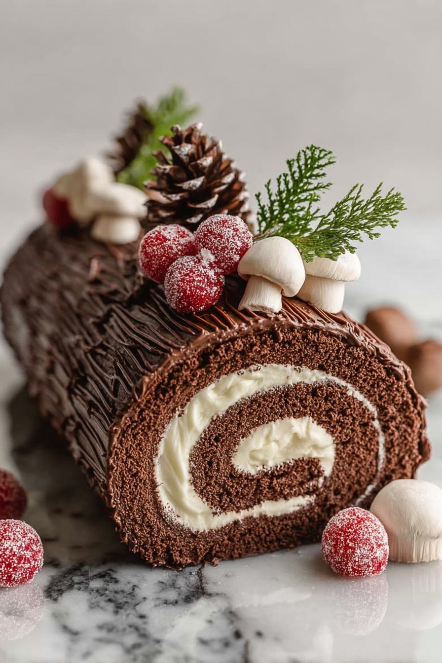 The image shows a chocolate roll cake shaped like a log, with three visible layers: a dark brown chocolate sponge cake rolled tightly around a smooth, creamy white filling in the center; the outside is coated in textured chocolate frosting with lines that look like bark. On top of the cake, there are three details: a small cluster of bright red sugared berries with green sprigs, a pine cone decoration, and three white mushrooms with brown gills. Around the cake are more white mushrooms and additional red sugared berries. The cake sits on a shiny surface with a white marbled background. Photo taken with an iphone --ar 2:3 --v 7 - Chocolate Peppermint Yule Log, Christmas Yule Log Dessert, Holiday Chocolate Cake, Peppermint Cake Roll, Elegant Christmas Dessert
