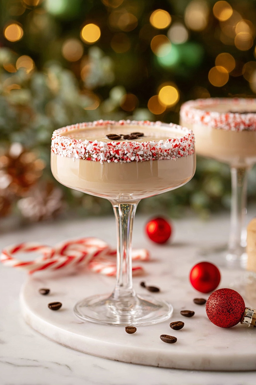 A creamy light brown cocktail fills a tall clear glass with a wide bowl, showing a smooth frothy top layer. The glass rim is coated with a dark chocolate layer and decorated with small red and white crushed candy pieces, creating a rough textured border. Three dark brown coffee beans float on the froth near the center. The glass stands on a white marbled surface scattered with red shiny Christmas ornaments, whole coffee beans, and red and white candy canes, with a blurry green and yellow light background. Photo taken with an iphone --ar 2:3 --v 7 - Peppermint Espresso Martini, festive cocktail ideas, holiday espresso drinks, peppermint vodka cocktails, easy holiday cocktails