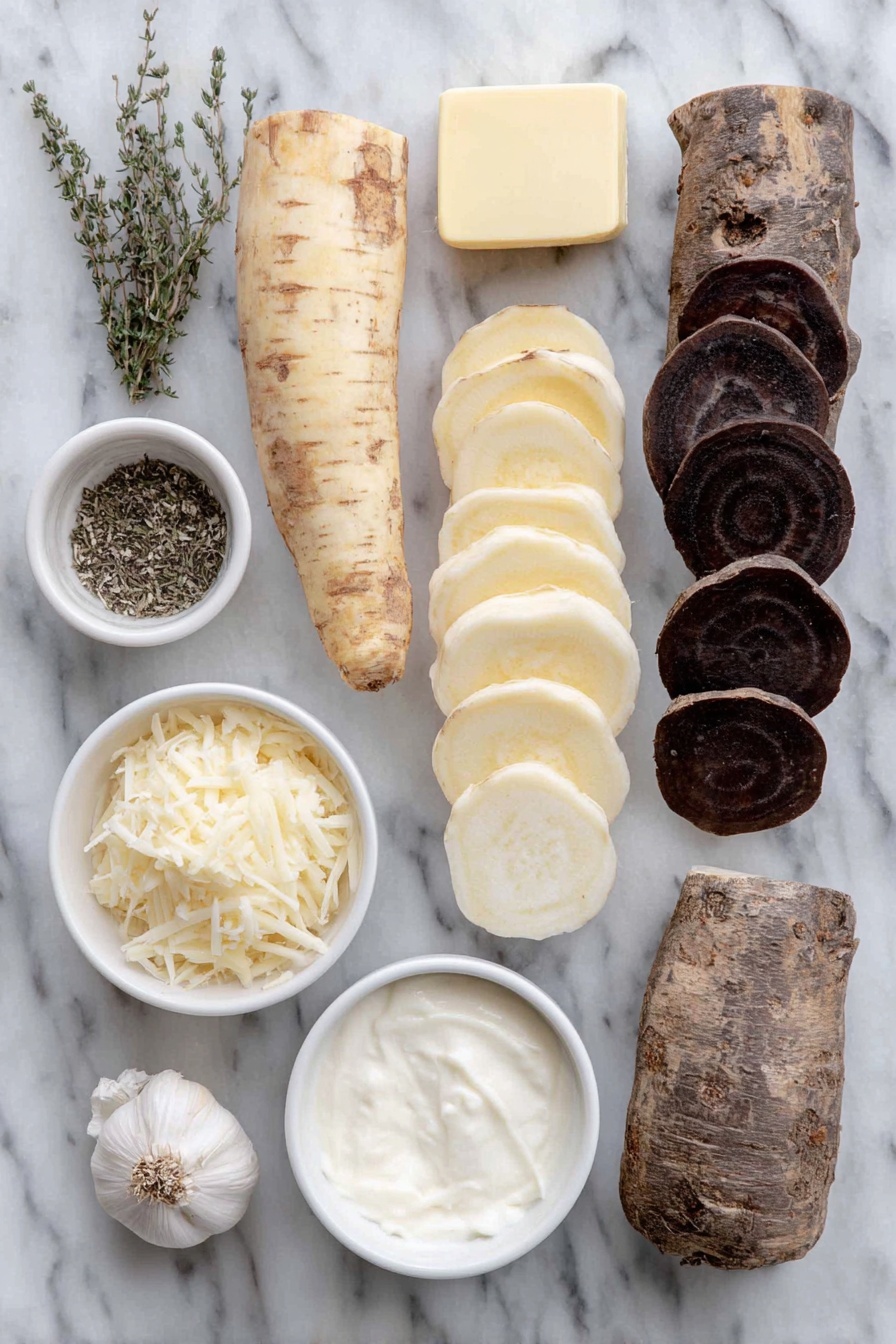 Flat lay of a small pat of unsalted butter, a long whole peeled sweet potato sliced in thin rounds, large peeled parsnips sliced in thin rounds, small peeled beets sliced in thin rounds, a small white bowl filled with heavy cream, a small white bowl of grated Parmesan cheese, a small white bowl of fresh minced thyme, a single garlic clove, a small white bowl with shredded Gruyere cheese, salt and pepper scattered naturally around, placed on a clean white marble surface, soft natural light, photo taken with an iPhone, professional food photography style, fresh ingredients, white ceramic bowls, no bottles, no duplicates, no utensils, no packaging --ar 2:3 --v 7 --p m7354615311229779997 - Cheesy Root Vegetable Gratin, baked root vegetable side dish, creamy vegetable gratin, vegetable gratin with cheese, holiday vegetable casserole