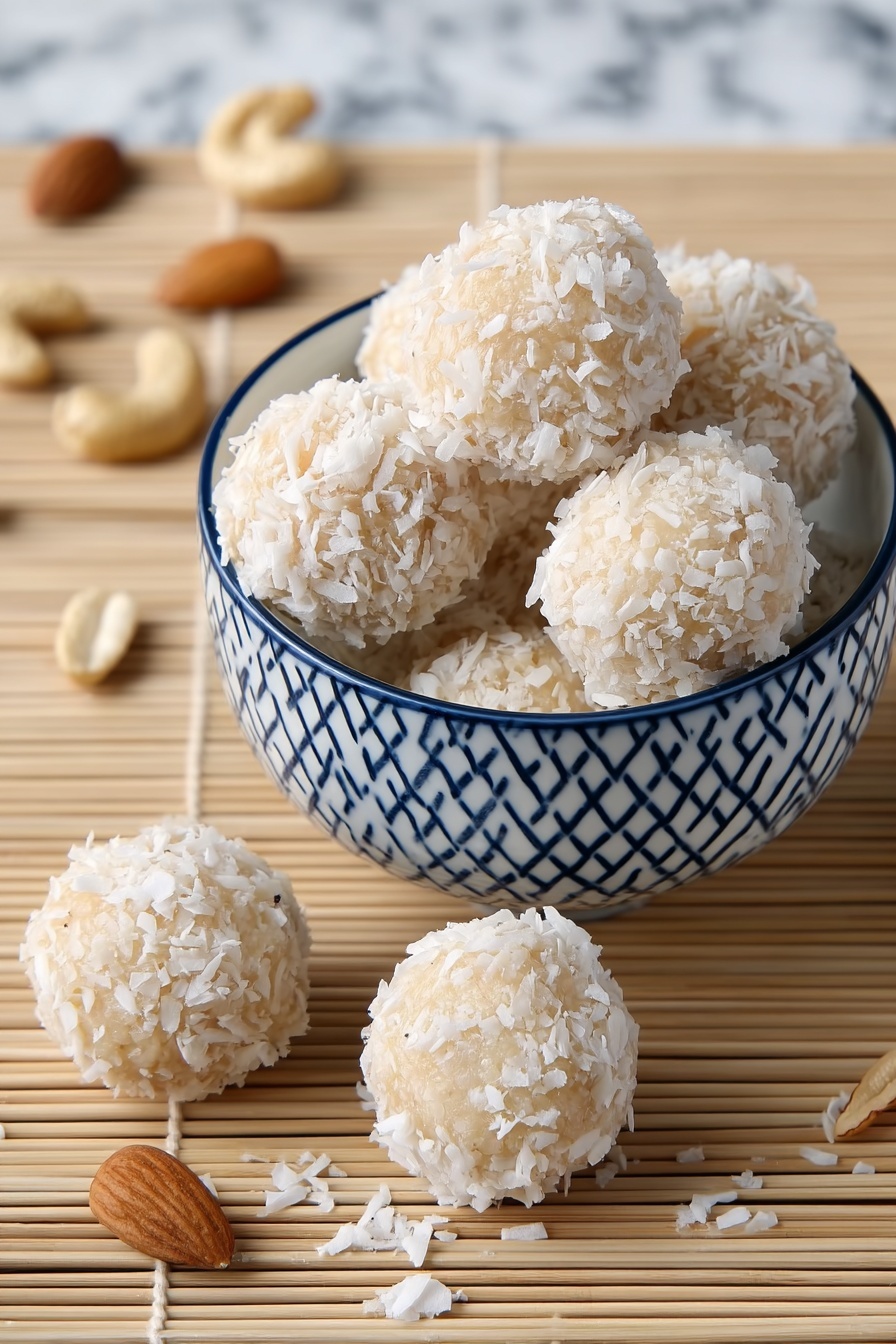 The image shows a white bowl with a blue geometric pattern filled with round dessert balls covered in shredded white coconut. The balls have a light beige color underneath the coconut flakes. Outside the bowl, there are three similar coconut-covered balls placed on a beige bamboo mat, with small pieces of nuts scattered around. The texture of the balls is rough because of the coconut, and the bowl is centered on the mat with a few balls leaning on each other inside it. The background is a white marbled surface photo taken with an iphone --ar 2:3 --v 7 - Orange Coconut Snowball Cookies, tropical cookie recipes, coconut ball cookies, easy holiday cookies, citrus dessert recipes