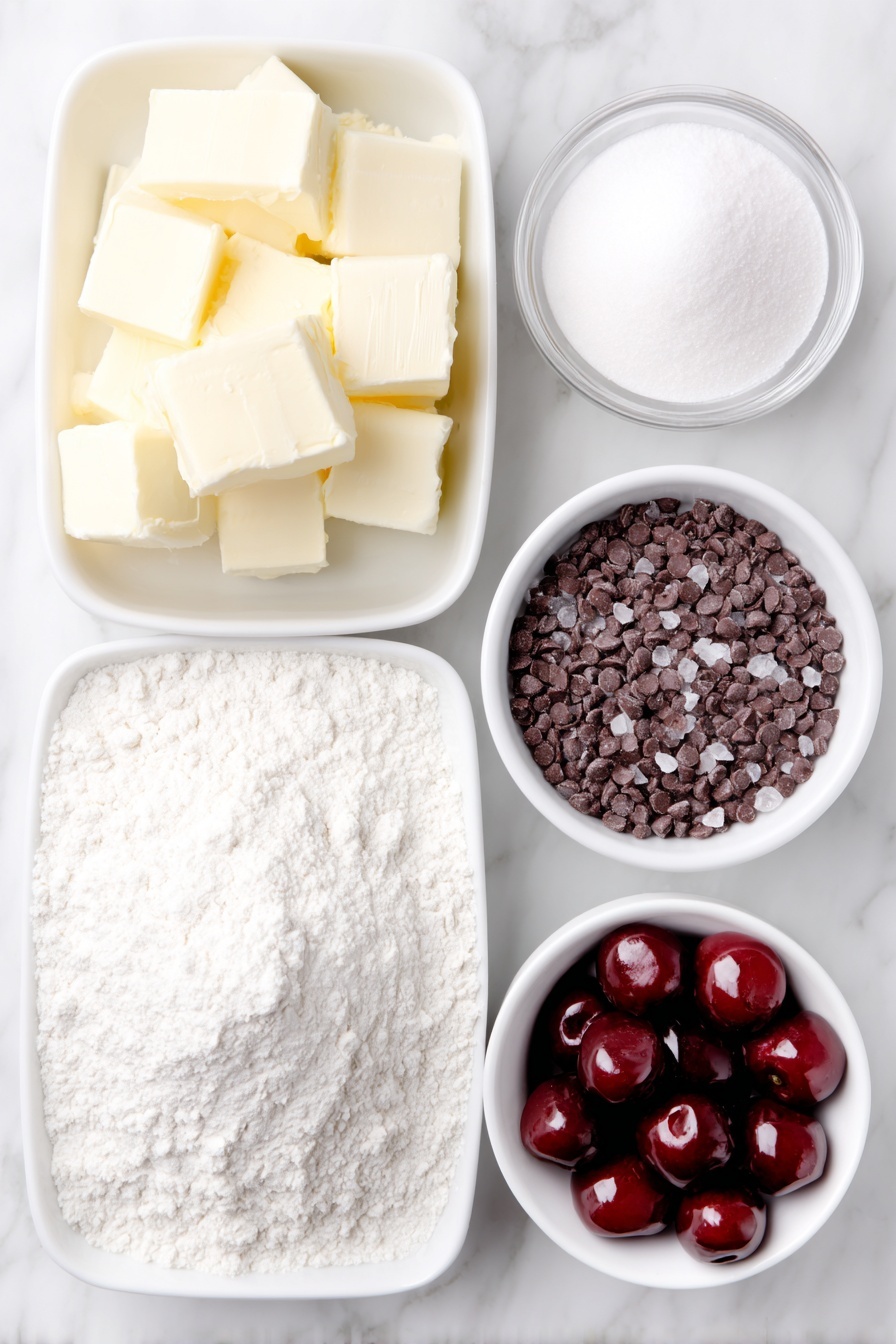 Flat lay of a small pile of unsalted butter cubes, a small white bowl filled with powdered sugar, a small white bowl of clear vanilla extract, a mound of all-purpose flour, a few whole maraschino cherries with glossy red skins, a small white bowl holding shiny dark chocolate chips, and a small white bowl with fine salt crystals, all arranged in perfect symmetry on a clean white marble surface, soft natural light, photo taken with an iPhone, professional food photography style, fresh ingredients, white ceramic bowls, no bottles, no duplicates, no utensils, no packaging --ar 2:3 --v 7 --p m7354615311229779997 - Maraschino Cherry Shortbread Cookies, cherry shortbread cookie recipe, holiday shortbread cookies, buttery cherry cookies, easy Christmas cookies
