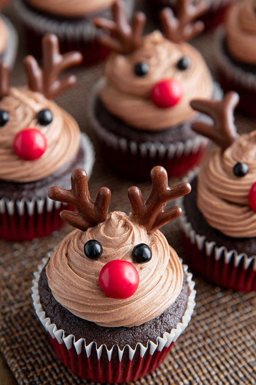 The image shows chocolate cupcakes decorated to look like reindeer. Each cupcake has a base layer of dark brown chocolate cake inside white liners with red bottoms. On top of the cake is a thick, smooth swirl of light brown chocolate frosting covering the whole top. For decoration, two small black candy eyes are placed near the center, with a shiny red candy nose just below the eyes. Two small, brown antler shapes are positioned at the back edges of the frosting on each cupcake. The cupcakes are arranged on a brown woven mat. photo taken with an iphone --ar 2:3 --v 7 - Reindeer Cupcakes with Chocolate Antlers, holiday cupcake ideas, festive Christmas cupcakes, easy holiday baking, adorable Christmas treats