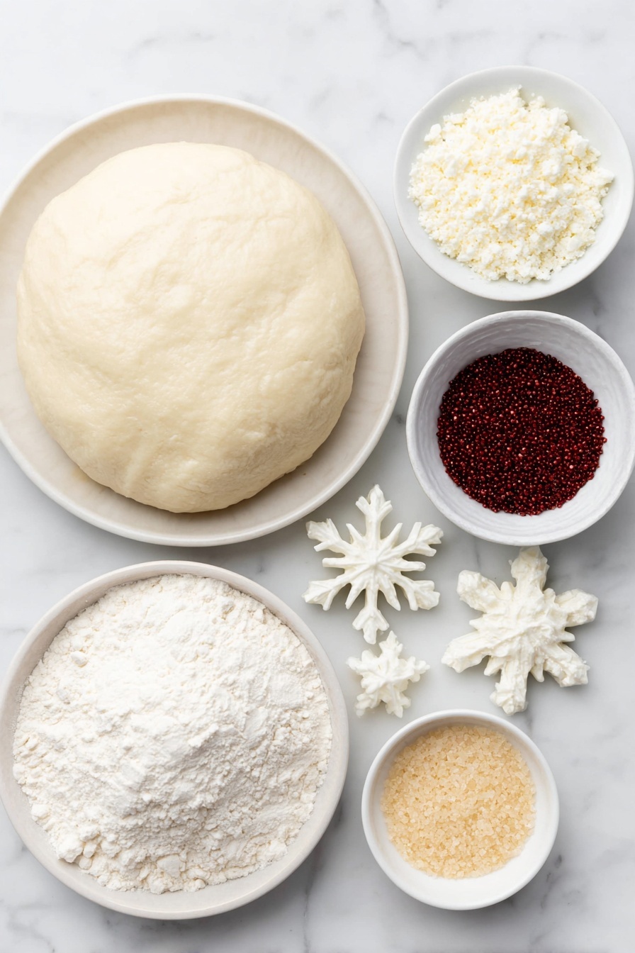 Flat lay of smooth white fondant ball, vibrant red fondant sheet, small pile of fine white tylose powder, three white snowflake shapes of different sizes, tiny white star shape, handful of shiny small golden sugar pearls, a few sparkly edible glitter crystals, small mound of golden color powder, and a mini plain white ceramic plate holding a small red fondant-covered mini cake placed symmetrically next to each other in a balanced layout, all placed on a clean white marble surface, soft natural light, photo taken with an iPhone, professional food photography style, fresh ingredients, white ceramic bowls, no bottles, no duplicates, no utensils, no packaging --ar 2:3 --v 7 --p m7354615311229779997 - Kerst Sneeuwvlokken Fondant Taartje, Christmas snowflake fondant cake, holiday mini cake recipes, festive holiday desserts, winter themed fondant cakes