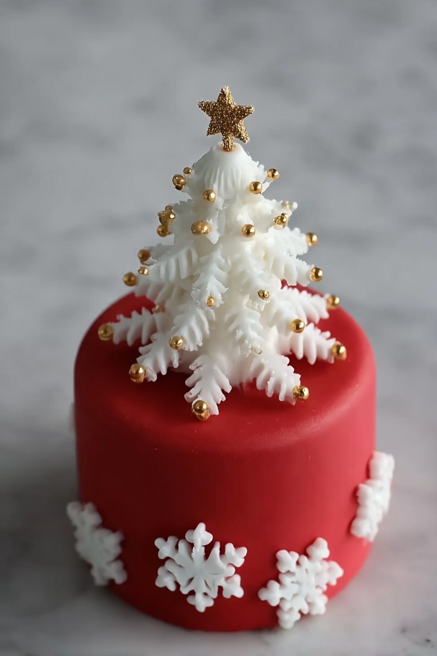 The image shows a small round cake covered in smooth red fondant. On top of the cake, there is a delicate white snowflake decoration made of frosting or fondant, formed in layers to resemble a 3D Christmas tree shape with three main snowflake layers stacked vertically. Small golden edible beads are scattered across the snowflakes, adding a shiny touch. At the very top of the snowflake tree is a small golden star. Around the base of the cake, more white snowflake shapes with golden beads encircle the cake. The cake sits on a white marbled surface. photo taken with an iphone --ar 2:3 --v 7 - Kerst Sneeuwvlokken Fondant Taartje, Christmas snowflake fondant cake, holiday mini cake recipes, festive holiday desserts, winter themed fondant cakes