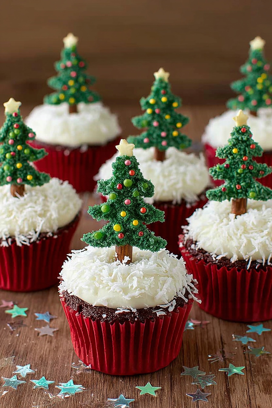 This image shows a dark brown cupcake in a red paper cup, topped with a thick layer of white frosting that looks fluffy and creamy. On top of the frosting, there is a green Christmas tree-shaped cookie decorated with colorful small round sprinkles. The cupcake is on a wooden surface, with other cupcakes blurred in the background, each with similar white frosting but no tree cookie. The focus is on the front cupcake with clear detail on the frosting texture and cookie decoration. photo taken with an iphone --ar 2:3 --v 7 - Chocolate Christmas Tree Cupcakes, festive holiday cupcakes, Christmas dessert ideas, chocolate cupcake recipes, holiday baking treats