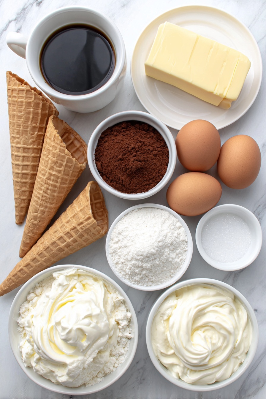 Flat lay of twelve natural sugar cones, a mound of fine white confectioners' sugar in a white ceramic bowl, a slab of unsalted butter at room temperature on a simple white plate, a small white bowl of creamy milk, two large whole brown eggs with clean shells, a white ceramic bowl filled with all-purpose flour, a small white bowl containing rich unsweetened cocoa powder, a white ceramic dish holding a teaspoon of baking soda, a pinch of salt on a tiny white bowl, a white bowl of buttermilk, a white bowl with sour cream, a pile of granulated sugar on a white plate, a small white bowl with strong brewed coffee, and a white ceramic bowl with melted butter, all arranged symmetrically and balanced, placed on a clean white marble surface, soft natural light, photo taken with an iPhone, professional food photography style, fresh ingredients, white ceramic bowls, no bottles, no duplicates, no utensils, no packaging --ar 2:3 --v 7 --p m7354615311229779997 - Christmas Tree Cupcakes, festive holiday cupcakes, chocolate cupcakes with sugar cone trees, Christmas cupcake decorating ideas, holiday dessert recipes