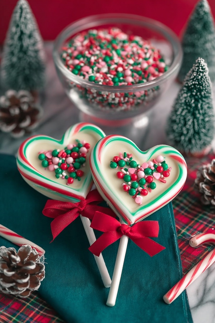 The image shows three heart-shaped candy lollipops placed on a dark green cloth over a white marbled surface. Each lollipop has two candy cane-like stripes twisted into a heart shape: one with red and white stripes and another with green and white stripes. In the center of each heart, there is a smooth white heart-shaped layer topped with a small cluster of tiny round sprinkles in red, green, and white. Each lollipop stick is tied with a small red ribbon bow. Behind the lollipops, there is a clear glass dessert cup filled with the same red, green, and white round sprinkles. The background has some blurred Christmas pine cones, small decorated pine trees, and red ornaments on the white marbled surface. photo taken with an iphone --ar 2:3 --v 7 - Festive Candy Cane Heart Lollipops, holiday candy crafts, DIY Christmas lollipops, heart-shaped candy treats, holiday gift ideas