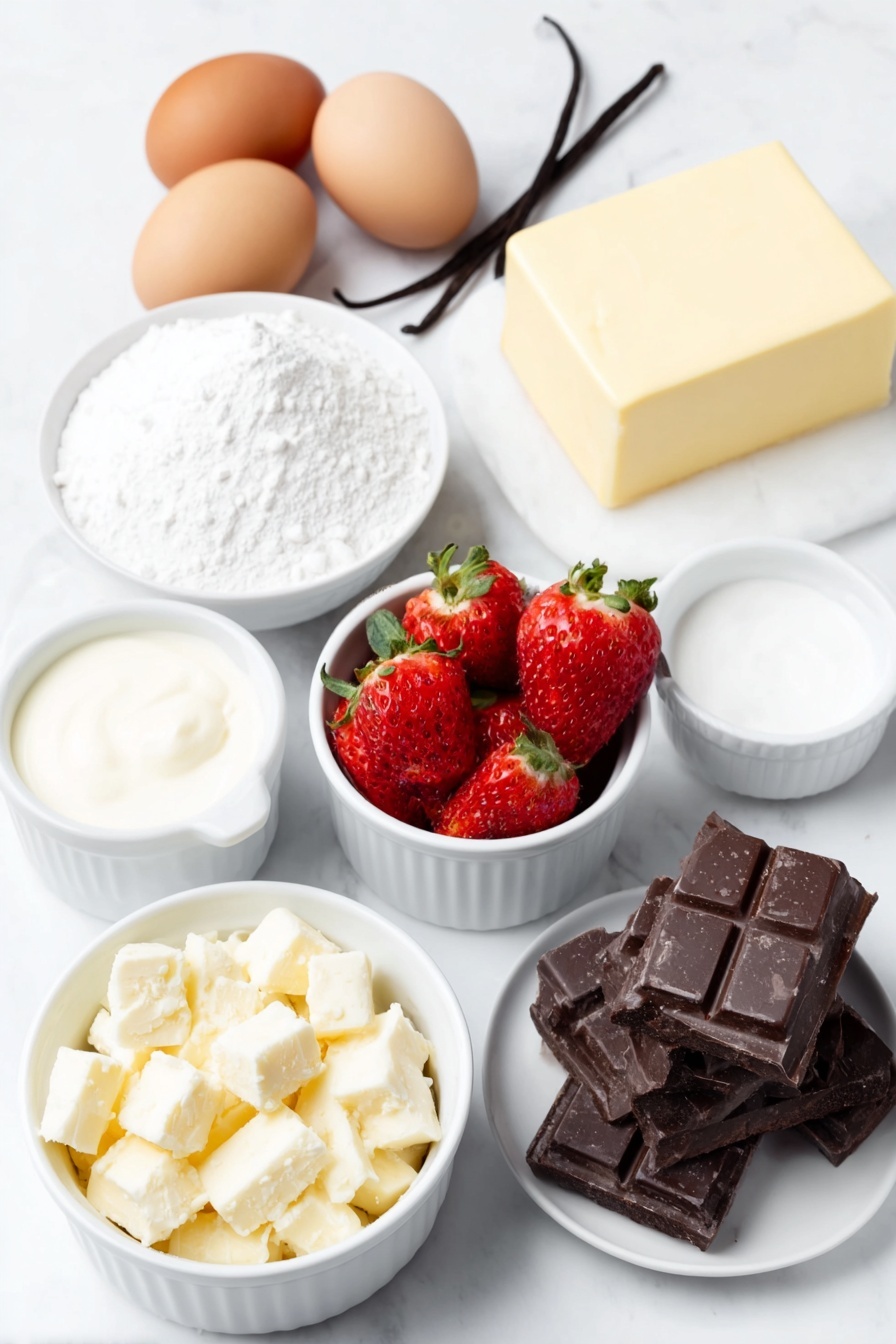 Flat lay of cold heavy cream in a small white ceramic bowl, whole fresh strawberries without stems, two brown whole eggs, pure vanilla bean pod, granulated sugar in a small white ceramic bowl, powdered gelatin powder neatly heaped on a white ceramic plate, cold whole milk in a small white ceramic bowl, unsalted butter slab at room temperature on a white ceramic plate, powdered sugar in a small white ceramic bowl, all-purpose flour loosely piled on a white ceramic plate, pinch of salt on a small white ceramic dish, translucent glucose syrup in a small white ceramic bowl, water in a small white ceramic bowl, sweetened condensed milk in a small white ceramic bowl, finely chopped white chocolate pieces on a white ceramic plate, small amount of bright red gel food coloring on a white ceramic dish, placed on a clean white marble surface, soft natural light, photo taken with an iPhone, professional food photography style, fresh ingredients, white ceramic bowls, no bottles, no duplicates, no utensils, no packaging --ar 2:3 --v 7 --p m7354615311229779997 - Santa Claus Dome Cakes, festive dome cake recipe, holiday show-stopping desserts, vanilla mousse dome, Christmas dessert ideas