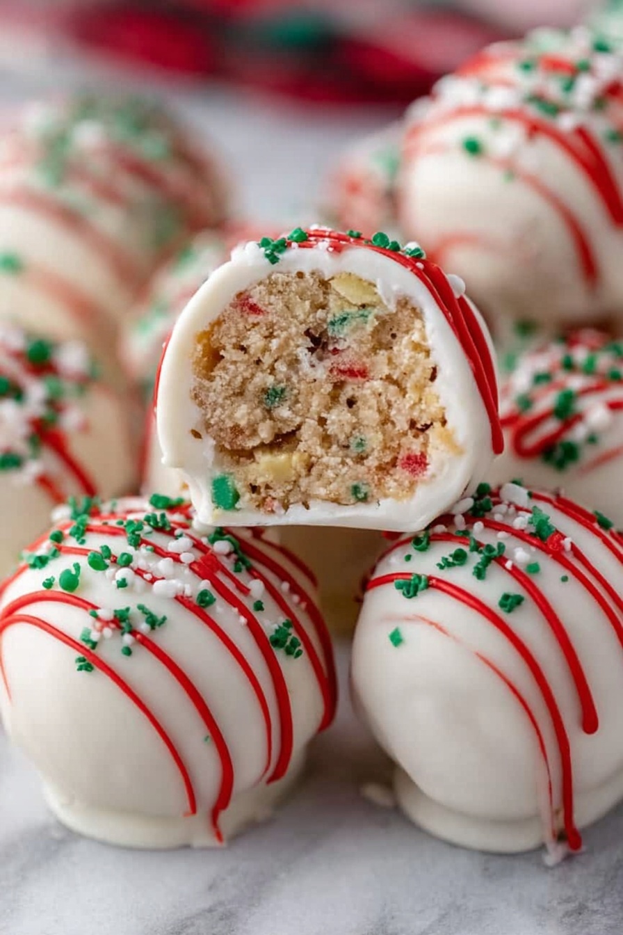 A close-up of a woman's hand holding a round bite-sized dessert with one bite taken out. The dessert has an outer white smooth layer with small red and green sprinkles on top. Inside, there is a light brown, crumbly cake-like texture with tiny colorful bits mixed in. The woman's fingernails are painted red, and the background is softly blurred with warm lights and a hint of red and green colors, all on a white marbled surface. photo taken with an iphone --ar 2:3 --v 7 - Christmas Tree Cake Truffles, festive holiday treats, easy holiday desserts, Christmas dessert ideas, no-bake Christmas truffles