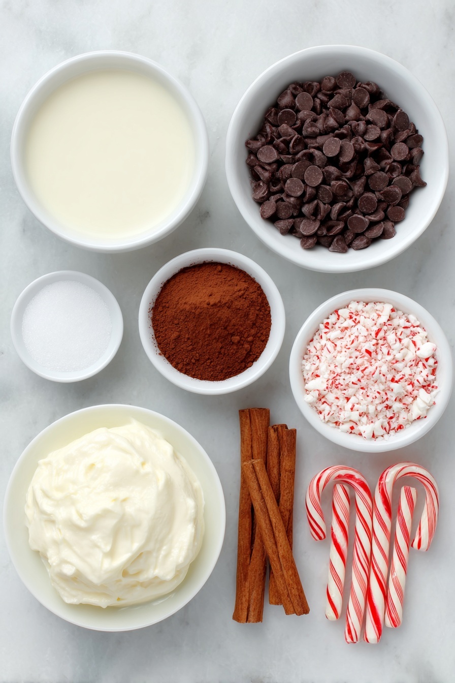 Flat lay of fresh whole milk in a small white ceramic bowl, thick heavy cream in a small white ceramic bowl, a small white ceramic bowl filled with glossy semi-sweet chocolate chips, a small white ceramic bowl with rich unsweetened cocoa powder, a small white ceramic bowl with granulated sugar, a small white ceramic bowl containing ground cinnamon, a small white ceramic bowl with fine sea salt, a small white ceramic bowl with clear pure vanilla extract, a dollop of smooth whipped cream on a simple white ceramic plate, a small pile of crushed bright red and white peppermint candies on a white ceramic dish, a few whole cinnamon sticks arranged neatly on the side, red and white striped mini candy canes placed symmetrically on a white ceramic plate, placed on a clean white marble surface, soft natural light, photo taken with an iPhone, professional food photography style, fresh ingredients, white ceramic bowls, no bottles, no duplicates, no utensils, no packaging --ar 2:3 --v 7 --p m7354615311229779997 - Festive Peppermint Hot Chocolate, Peppermint Hot Chocolate, Holiday Hot Chocolate, Winter Warmers, Christmas Hot Chocolate