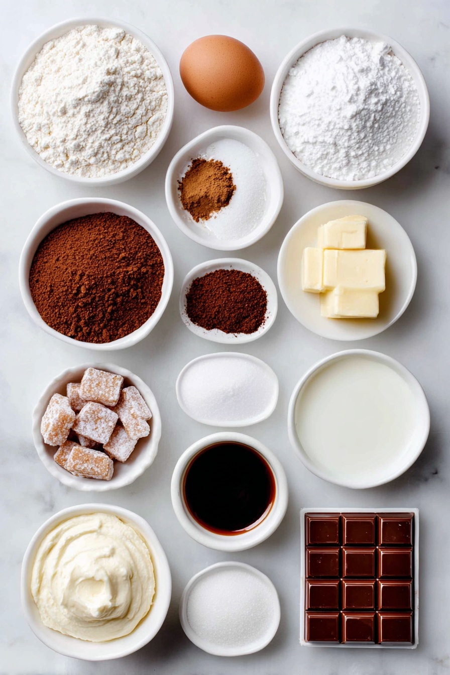 Flat lay of a small mound of all-purpose flour, a neatly heaped pile of brown sugar, a few chunks of unsalted butter softened to creamy texture, a small puddle of dark molasses, one whole clean brown egg, a scattering of ground ginger, ground cinnamon, ground cloves, and baking soda arranged in tiny piles, a small white ceramic bowl of powdered gelatin, a small white ceramic bowl of cold water, a neatly folded dollop of chilled heavy cream, a small smear of creamy mascarpone, a small white ceramic bowl filled with cooled dark espresso, a small white ceramic bowl with melted white chocolate, a pinch of freshly ground nutmeg, a small white ceramic bowl with sweetened condensed milk, a small white ceramic bowl with granulated sugar, a small white ceramic bowl of clear water, a small pile of chopped white chocolate, a couple of mini gingerbread cookies with a golden brown finish, and a small heap of cocoa powder, all placed symmetrically on a clean white marble surface, soft natural light, photo taken with an iPhone, professional food photography style, fresh ingredients, white ceramic bowls, no bottles, no duplicates, no utensils, no packaging --ar 2:3 --v 7 --p m7354615311229779997 - Christmas Gingerbread Latte Mocha Domes, festive holiday desserts, gingerbread mocha treats, holiday dessert ideas, Christmas dessert recipes