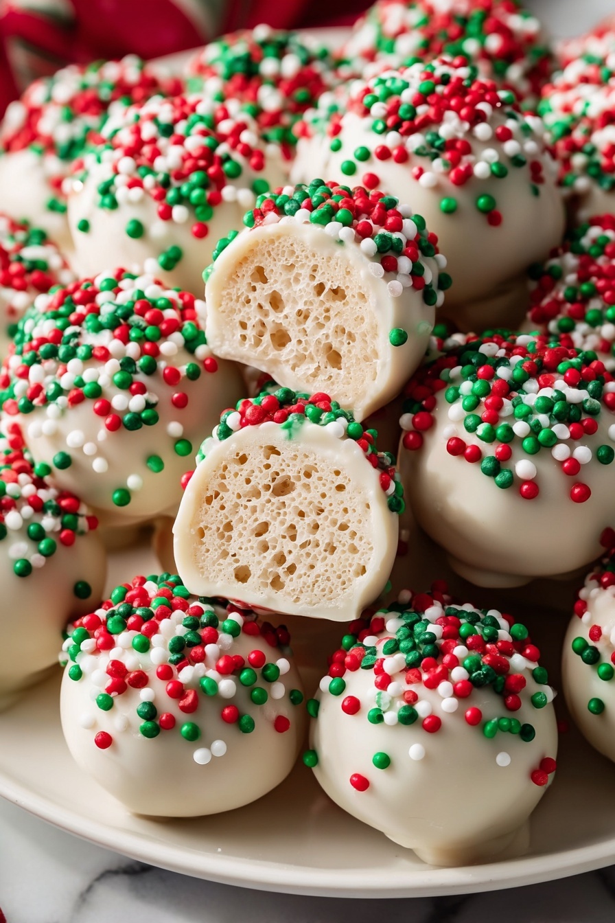 The image shows many small round balls coated in smooth white candy. Each ball is decorated on top with a thick layer of small red, green, and white round sprinkles. One ball is open in the center, showing a light, airy, honeycomb-like inside with a beige color. The balls sit closely together on a white plate, set on a white marbled surface. The colors are bright and festive, with the red, green, and white sprinkles adding a Christmas feel. photo taken with an iphone --ar 2:3 --v 7 - Festive White Chocolate Rice Krispie Balls, holiday marshmallow treats, white chocolate holiday treats, easy Christmas dessert, festive snack bites
