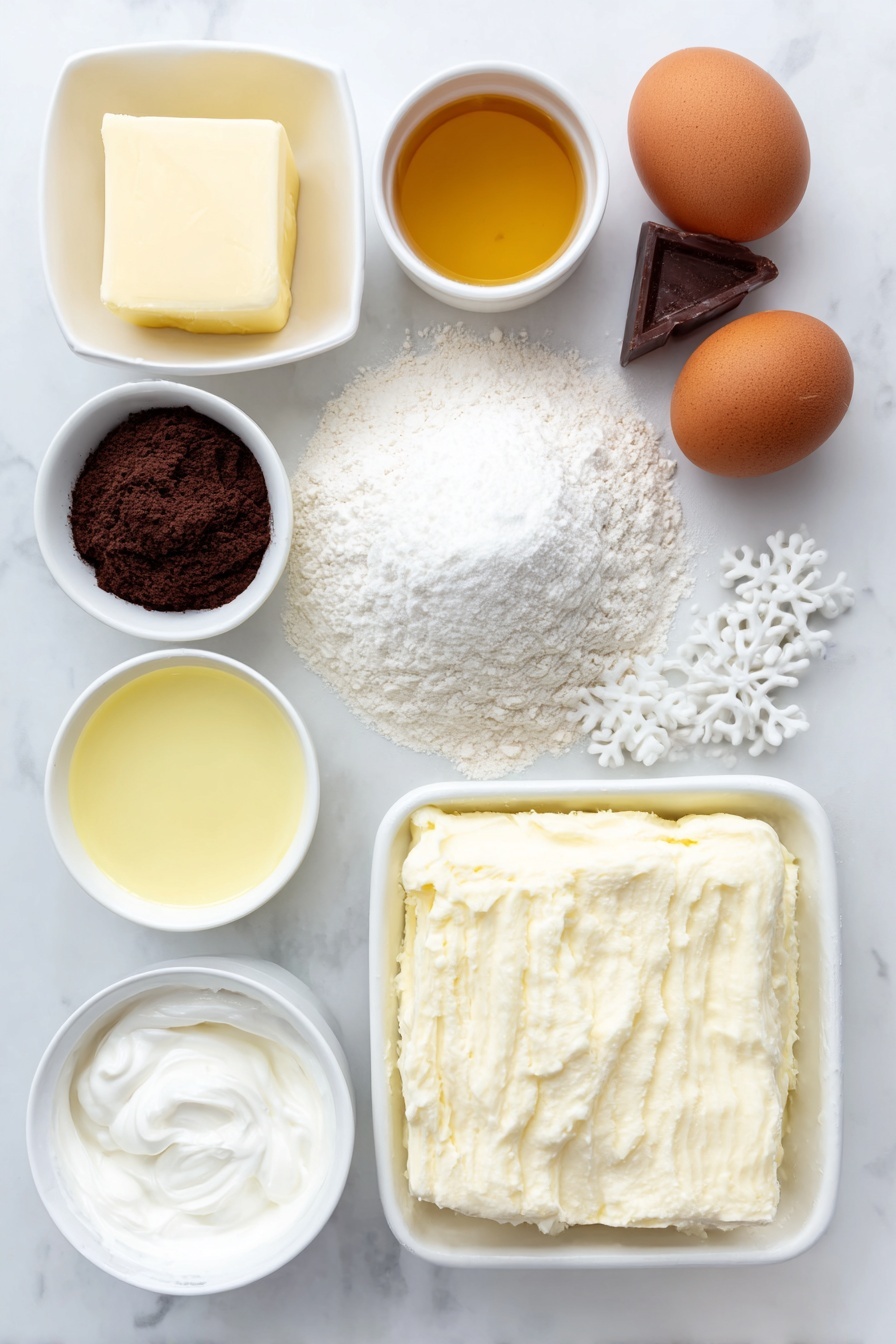 Flat lay of a small mound of all-purpose flour, a small heap of unsweetened dark cocoa powder, a few beige baking powder granules, some fine baking soda crystals, a small pinch of salt, a half stick of pale unsalted butter softened, a small white ceramic bowl filled with granulated white sugar, two large clean whole brown eggs, a small white bowl with pale golden vanilla extract, a small white bowl of creamy white buttermilk, a large square of soft unsalted butter for frosting, a small white bowl heaped with fine powdered sugar, a small white bowl of thick heavy cream, a small white bowl with more vanilla extract, a small dab of vibrant blue gel food coloring on white ceramic plate, several delicate white edible snowflake toppers, and a scattering of shiny silver and white edible pearls arranged with perfect symmetry, placed on a clean white marble surface, soft natural light, photo taken with an iPhone, professional food photography style, fresh ingredients, white ceramic bowls, no bottles, no duplicates, no utensils, no packaging --ar 2:3 --v 7 --p m7354615311229779997 - Winter Wonderland Chocolate Cupcakes, chocolate cupcakes with snowflake buttercream, winter themed chocolate cupcake recipe, festive chocolate cupcake ideas, cozy winter dessert recipes