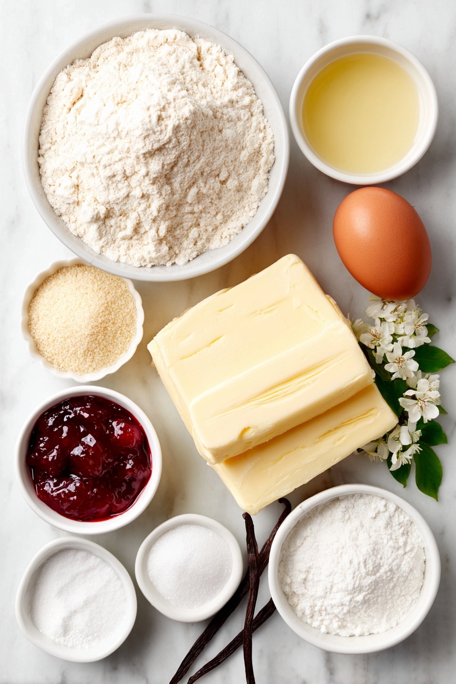 Flat lay of a small mound of pale all-purpose flour, a small pile of light beige almond flour, a tiny heap of fine white powdered sugar, a neat pinch of baking powder beside a small pinch of salt, a slab of soft unsalted butter with a creamy yellow hue, one large whole brown egg with a clean shell, a small white bowl filled with glossy red raspberry jam, another small white bowl holding translucent lemon juice, a small white bowl with fine white granulated sugar, and a few whole vanilla beans alongside a small sprig of fresh almond blossoms, all arranged in perfect symmetry on a simple white ceramic surface, placed on a clean white marble surface, soft natural light, photo taken with an iPhone, professional food photography style, fresh ingredients, white ceramic bowls, no bottles, no duplicates, no utensils, no packaging --ar 2:3 --v 7 --p m7354615311229779997 - Raspberry Almond Snowball Cookies, raspberry almond cookies, snowball cookies with raspberry, almond holiday cookies, fruity snowball cookies