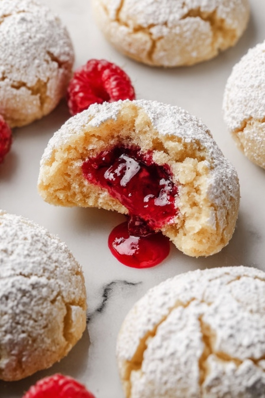 The image shows several round cookies with a cracked, powdery white surface covering them, arranged on a white marbled surface. One cookie is broken open in the center, revealing a thick, bright red, sticky fruit filling that is slightly dripping out. The cookie dough is light golden brown, crumbly in texture, and soft-looking inside. The powdered sugar on top looks fine and dusted unevenly. There are a few fresh raspberries placed around the cookies. photo taken with an iphone --ar 2:3 --v 7 - Raspberry Almond Snowball Cookies, raspberry almond cookies, snowball cookies with raspberry, almond holiday cookies, fruity snowball cookies