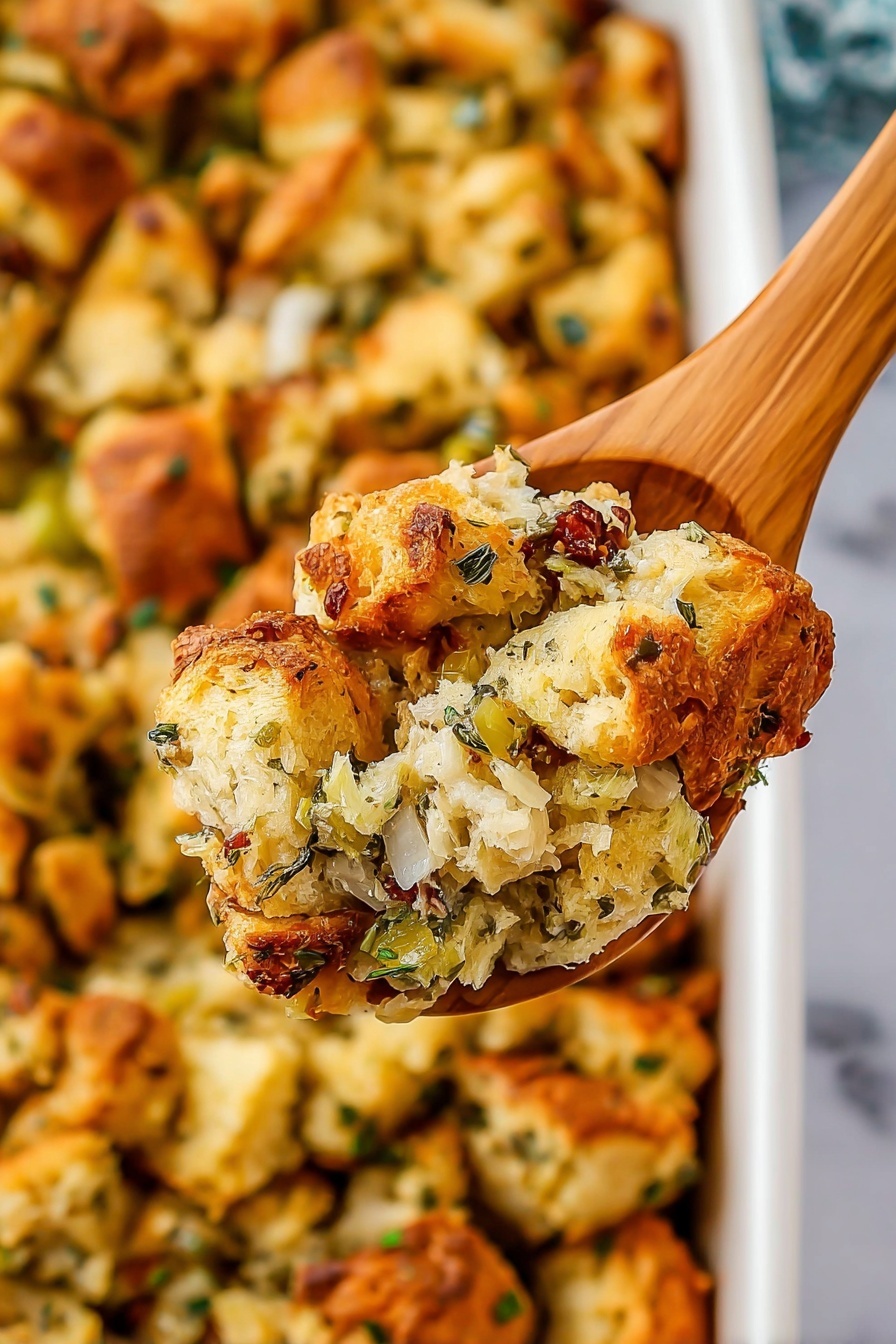 A close-up of a wooden spoon holding a scoop of baked stuffing, showing three to four pieces of golden-brown bread with a crispy texture mixed with layers of green herbs and bits of soft cooked onions, all slightly moist and fluffy inside. The background shows a white baking dish filled with more chunks of the same stuffing layered densely, with a mix of golden crust and soft inside visible, placed on a white marbled surface. Photo taken with an iphone --ar 2:3 --v 7 - Homemade Stuffing, Toasted Bread Stuffing, Herb Stuffing, Easy Stuffing Recipe, Classic Holiday Side Dish