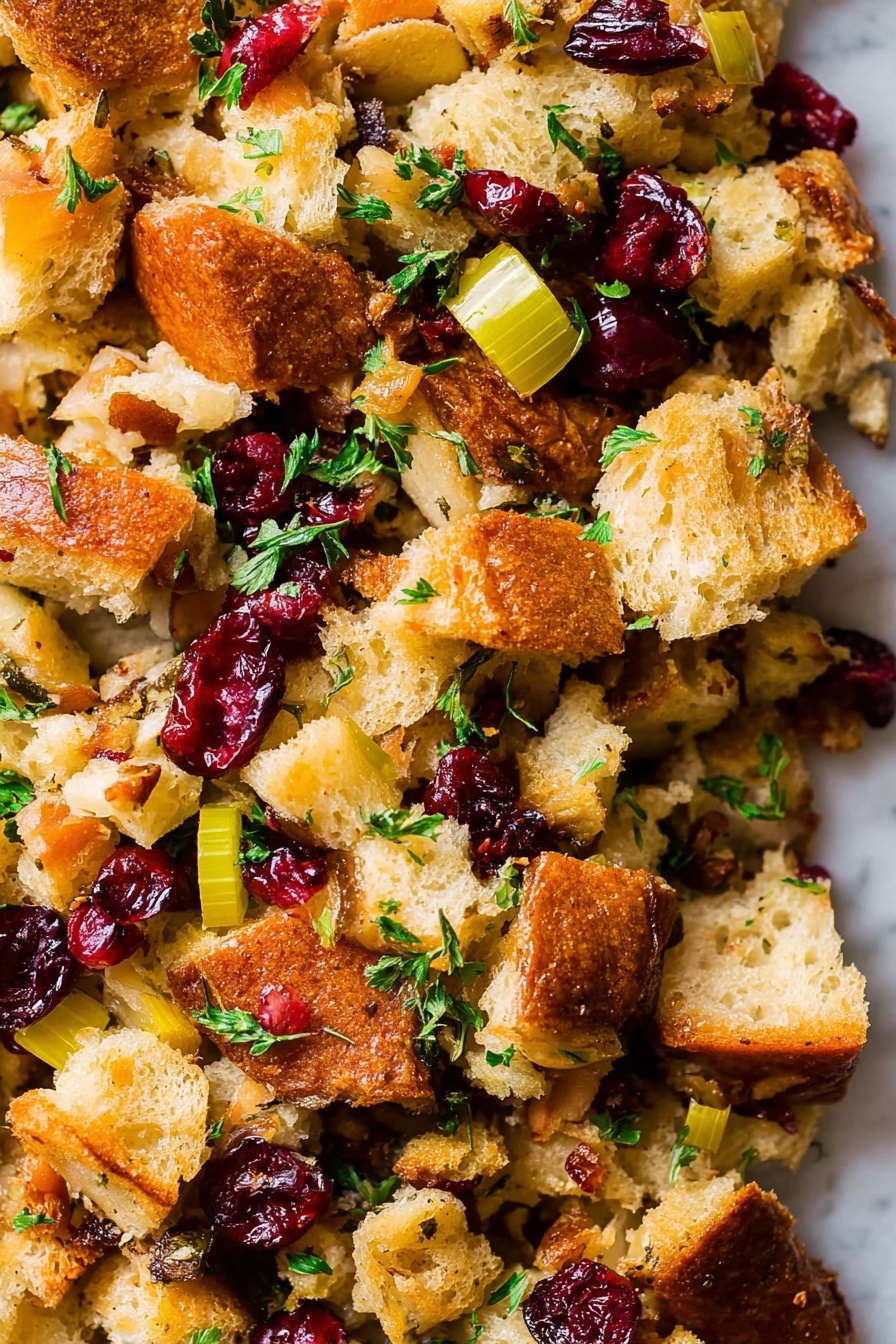 The image shows a close-up of a mixed stuffing with three main visible layers of ingredients. The bottom layer has soft, torn pieces of golden-brown toasted bread with a crisp texture on some edges. The middle layer contains small light yellow chunks of cooked apple and celery, adding a juicy and crunchy look. The top layer is scattered with bright red dried cranberries and green chopped parsley leaves, giving a fresh and colorful touch. All these layers blend closely together, showing a mix of soft, crunchy, and chewy textures. The background is a white marbled surface. photo taken with an iphone --ar 2:3 --v 7 - Cranberry Apple Stuffing, holiday stuffing with cranberries and apples, savory sweet apple cranberry stuffing, easy holiday stuffing recipe, fall-inspired stuffing
