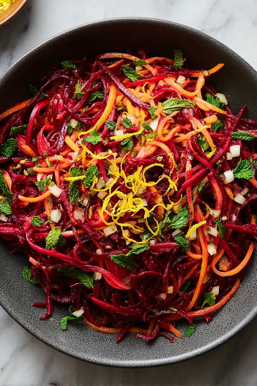 A dark gray bowl filled with a colorful salad made of thin, long strands of deep red beets layered with thin orange carrot strips, scattered with fresh green mint leaves and parsley, small diced white bits, and thin yellow lemon zest curls spread evenly on top, all sitting on a white marbled surface, photo taken with an iphone --ar 2:3 --v 7 - Beet and Carrot Salad with Fresh Herbs, healthy beet and carrot salad, fresh herbs salad recipe, colorful vegetable salad, easy veggie salad