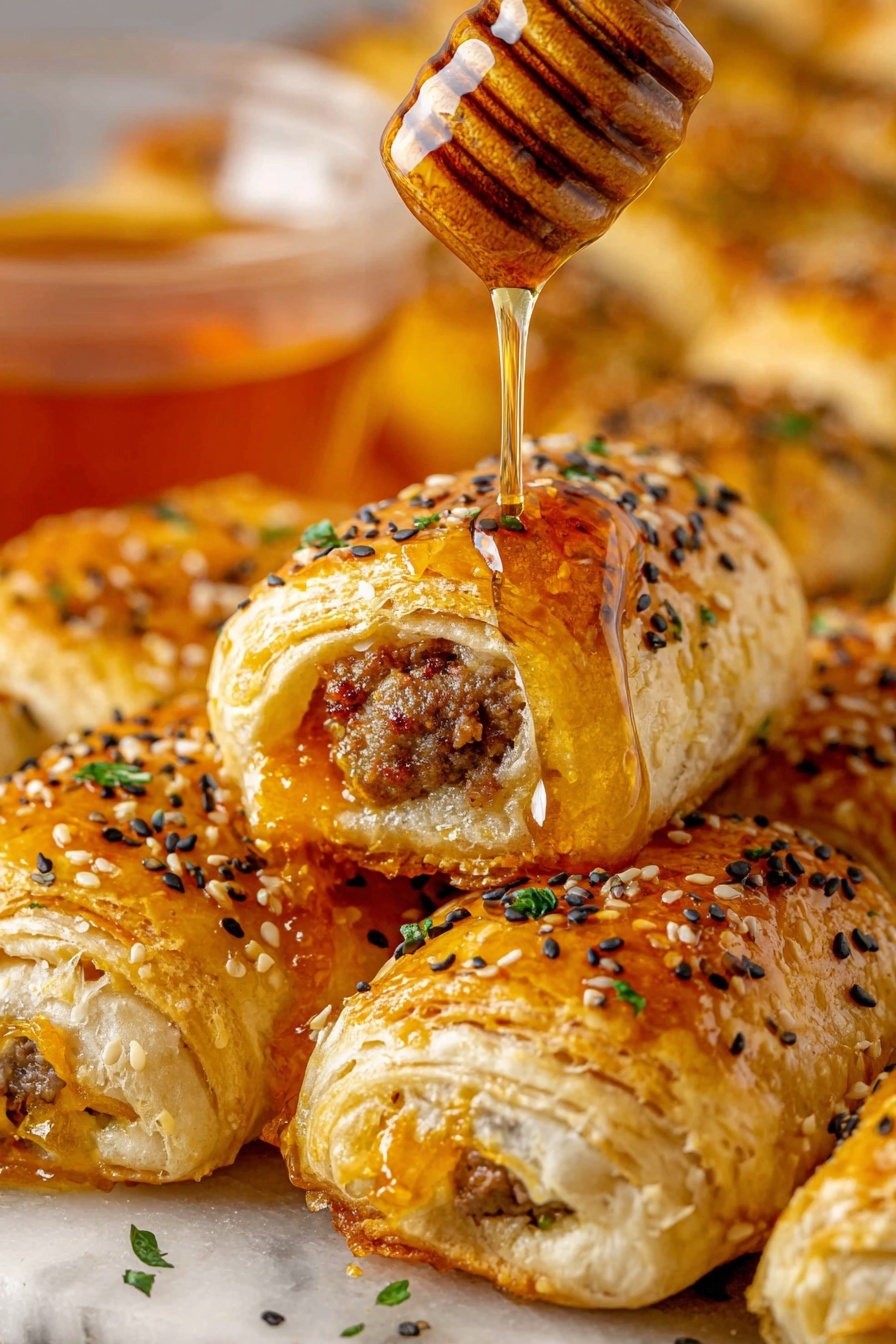 A close-up view of golden brown sausage rolls arranged side by side on a white marbled surface, each roll showing flaky, layered pastry with a shiny glazed top speckled with black and white sesame seeds and bits of green herbs. One sausage roll is held slightly above the rest, partially open at the end, revealing a juicy, crumbly meat filling mixed with melted orange cheese inside. Above the open sausage roll, amber honey is being drizzled slowly from a wooden honey dipper, creating a glossy stream of honey that falls onto the pastry. A translucent glass bowl filled with more honey appears blurred to the left in the background. photo taken with an iphone --ar 2:3 --v 7 - Hot Honey Sausage Rolls with Thyme, savory sausage puff pastry, spicy honey appetizers, flaky sausage pastry, thyme-flavored finger foods