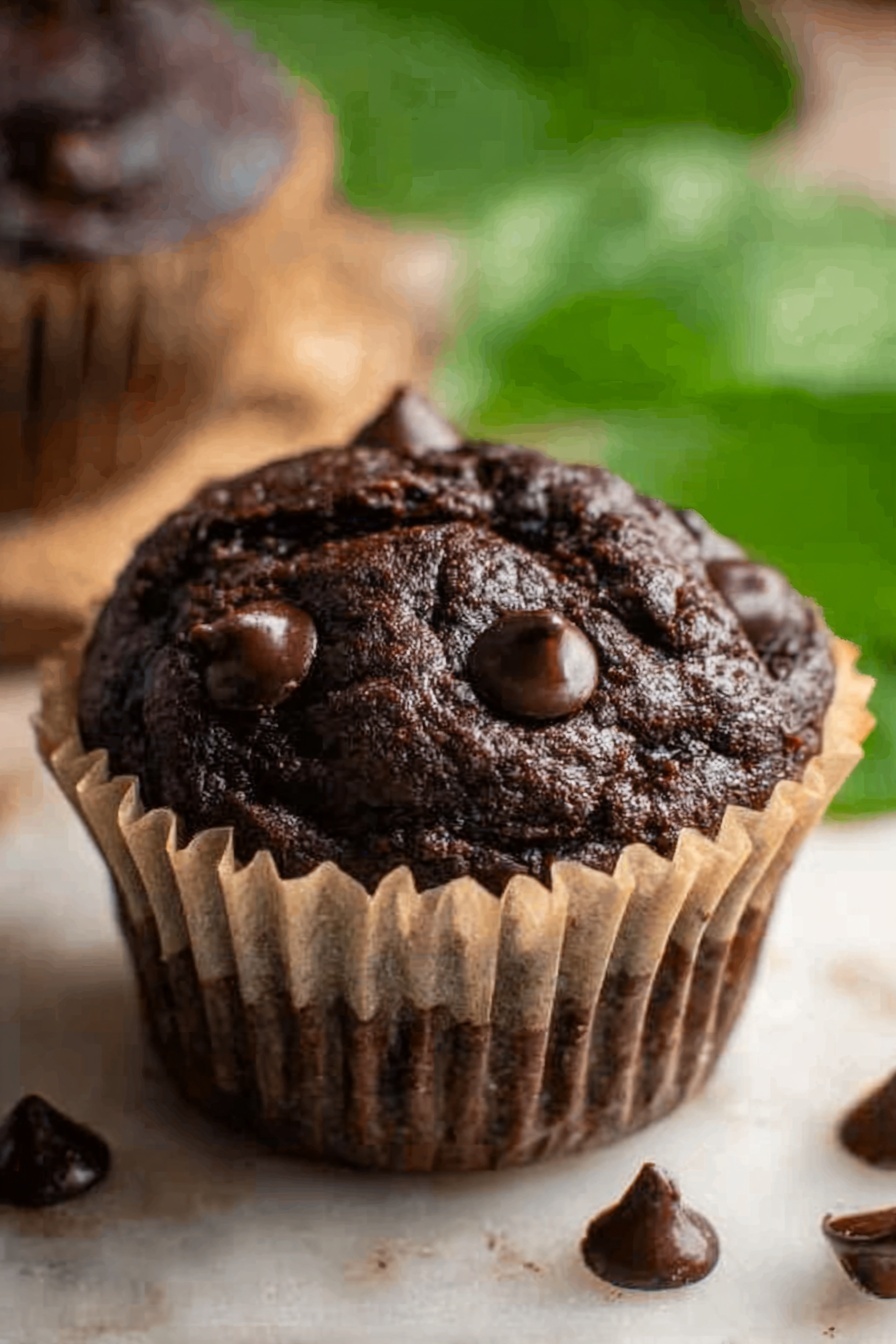A close-up of a dark chocolate muffin sitting on a wrinkled beige paper liner, with several shiny dark chocolate chips scattered on top and around the muffin. The muffin has a rough, textured top with slight cracks and a rich dark brown color. The background has a soft focus with green leaves blurred behind. The surface under the muffin is white marbled texture. photo taken with an iphone --ar 2:3 --v 7 - Chocolate Spinach Muffins, healthy chocolate muffins with spinach, sneaky greens muffin recipe, moist chocolate banana muffins, nutritious vegetable muffins