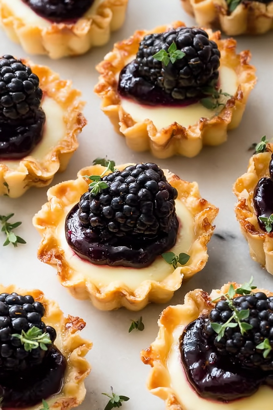 The image shows many small tartlets arranged closely on a white marbled surface. Each tartlet has a golden, crispy shell with ruffled edges. Inside, there is a smooth, creamy pale yellow layer topped with a glossy dark purple blackberry compote. A shiny, plump blackberry is placed on top of the compote in each tartlet. Small green herb leaves are sprinkled around the tartlets and on top for decoration. The light highlights the textures, making the blackberries look juicy and the tart shells crisp. photo taken with an iphone --ar 2:3 --v 7 - Brie Blackberry Phyllo Cups, easy appetizer ideas, elegant party appetizers, fruit and cheese bites, baked brie appetizers