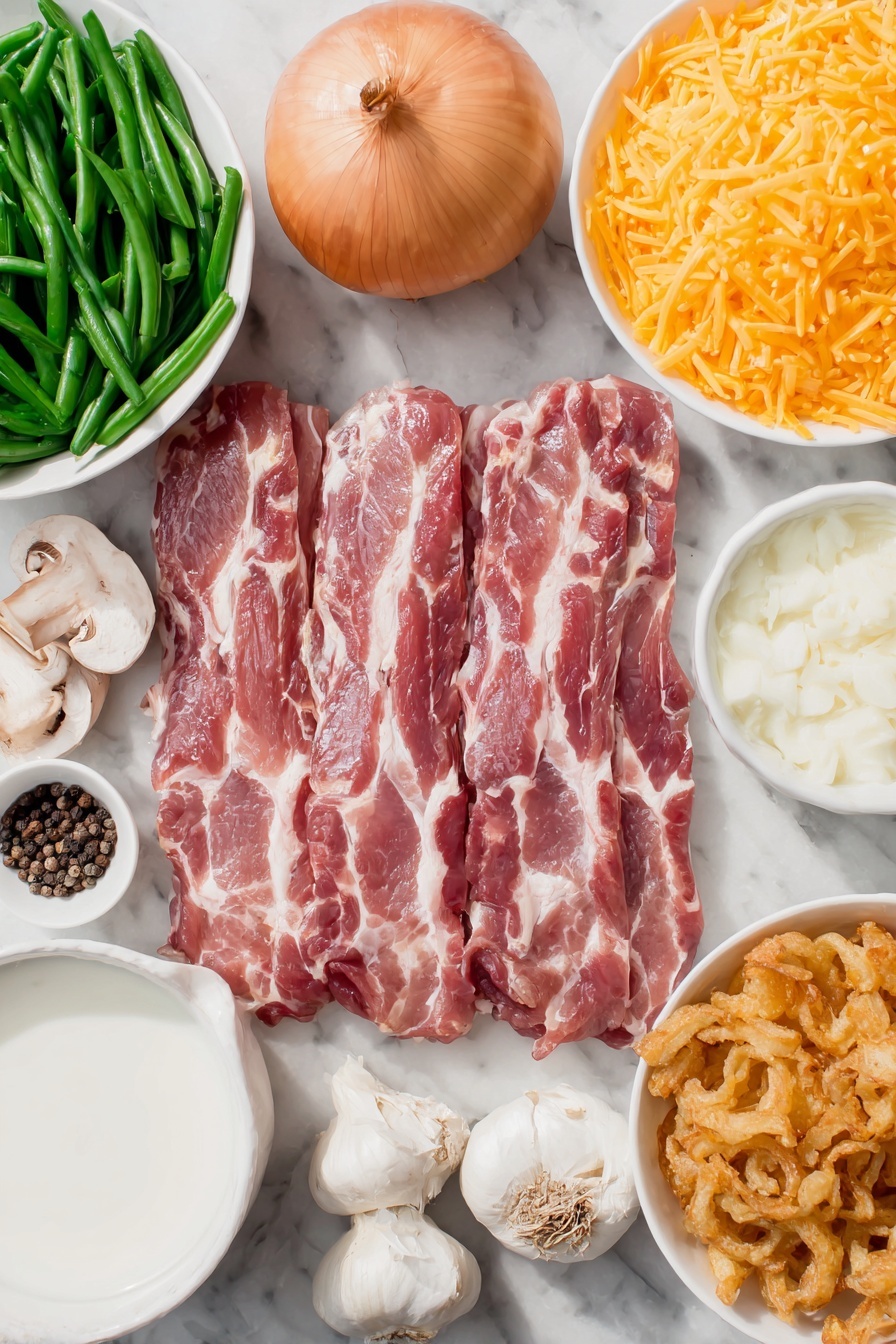 Flat lay of six raw bacon strips with visible marbling, a halved yellow onion showing its crisp layers, a small mound of chopped fresh button mushrooms, three garlic cloves with papery skins intact, a small white ceramic bowl filled with creamy mushroom soup, a small white bowl holding whole milk, a neat pile of shredded Monterey Jack cheese, a pinch of coarse salt crystals and whole black peppercorns arranged side by side, a small white bowl containing freshly drained cut green beans, and a small white bowl filled with golden French fried onions, all placed on a clean white marble surface, soft natural light, photo taken with an iPhone, professional food photography style, fresh ingredients, white ceramic bowls, no bottles, no duplicates, no utensils, no packaging --ar 2:3 --v 7 --p m7354615311229779997 - Green Bean Casserole with Bacon and Mushrooms, green bean casserole with bacon, mushroom green bean casserole, easy green bean casserole, creamy green bean bake