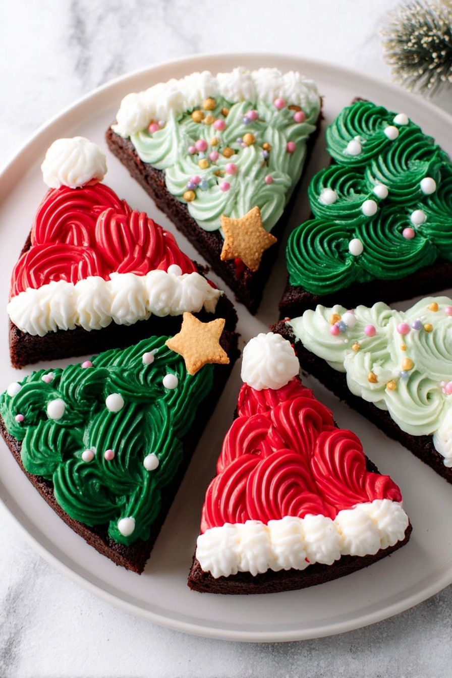 The image shows six triangular chocolate cake slices placed on a large white plate with a white marbled background. Three slices are decorated like Santa hats with smooth red icing swirls covering the top, a band of white fluffy icing at the base, and a small white icing pompom on the point. The other three slices are decorated like Christmas trees with green icing swirls, small white round sprinkles resembling snow, and a small yellow star-shaped biscuit at the top point. The cakes are arranged in a circle, alternating red and green decorated slices. Photo taken with an iphone --ar 2:3 --v 7 - Festive Christmas Brownie Decorations, Christmas brownie ideas, Holiday brownie decorating tips, Fudgy Christmas brownies, Christmas dessert decorating