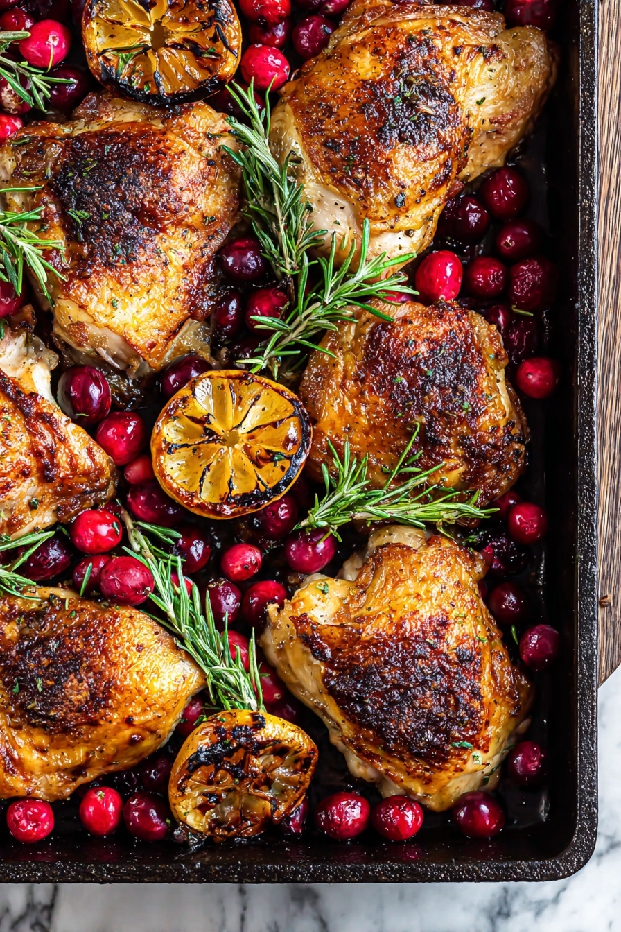 A black roasting pan filled with five pieces of browned roasted chicken with crispy skin, spread across the pan. Inside and around the chicken are bright red fresh cranberries and small green rosemary sprigs. Two halves of a charred lemon with golden browned edges are placed among the chicken. The pan rests on a surface with a white marbled texture. The lighting highlights the juicy texture and rich golden brown colors of the roasted chicken and the vibrant reds of the cranberries photo taken with an iphone --ar 2:3 --v 7 - Cranberry Rosemary Chicken Bake, Cranberry Rosemary Chicken, festive chicken bake, easy holiday chicken, flavorful baked chicken