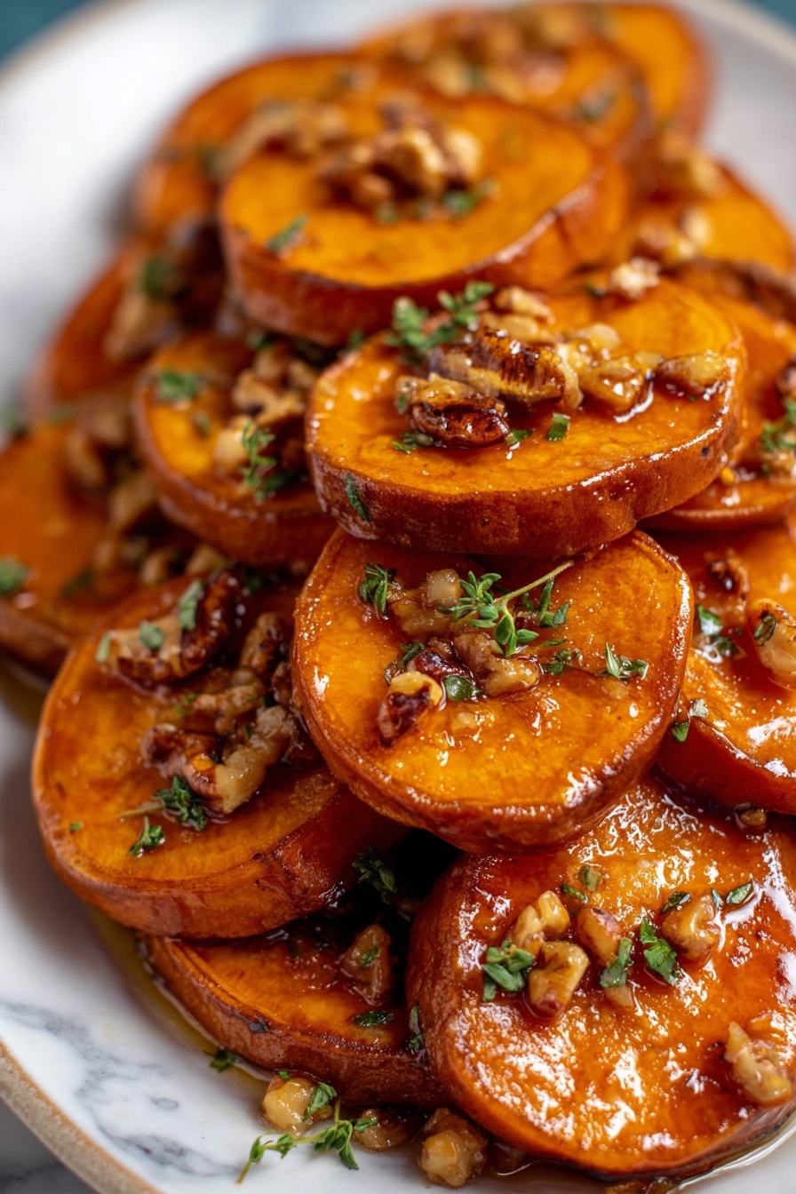 A close-up of many cooked sweet potato slices stacked on a white plate, each slice having a warm orange-brown color with a shiny glazed surface. On top of each slice, there are small pieces of chopped nuts that look crunchy and light brown, mixed with tiny fresh green herb leaves. The sweet potato edges are slightly darker and caramelized, creating a rich contrast with the orange inside. The plate sits on a white marbled surface, and the focus is sharp, showing the texture of the glaze and nuts clearly. photo taken with an iphone --ar 2:3 --v 7 - Sweet Potatoes with Maple Pecan Glaze, maple pecan glazed sweet potatoes, roasted sweet potatoes with maple glaze, easy sweet potato side dish, cozy holiday side recipes