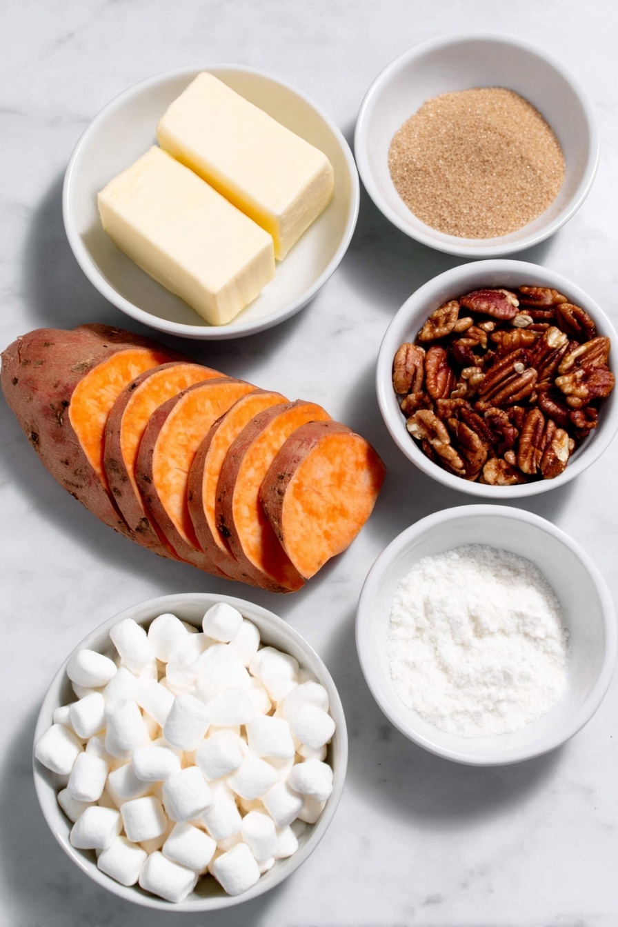 Flat lay of peeled sweet potatoes sliced into thin medallions arranged neatly, a small white ceramic bowl of unsalted butter, a small white ceramic bowl filled with light brown sugar, a small white ceramic bowl containing water, small white ceramic bowls with ground cinnamon, ground cloves, ground nutmeg, and salt each shown as fine powders, a small white ceramic bowl with roughly chopped pecans, and a small white ceramic bowl filled with mini white marshmallows, all ingredients fresh and natural, perfectly symmetrical layout, placed on a clean white marble surface, soft natural light, photo taken with an iPhone, professional food photography style, fresh ingredients, white ceramic bowls, no bottles, no duplicates, no utensils, no packaging --ar 2:3 --v 7 --p m7354615311229779997 - Sweet Potato Scalloped Bake with Pecans, sweet potato casserole with pecans, baked sweet potato side dish, holiday sweet potato bake, easy sweet potato casserole