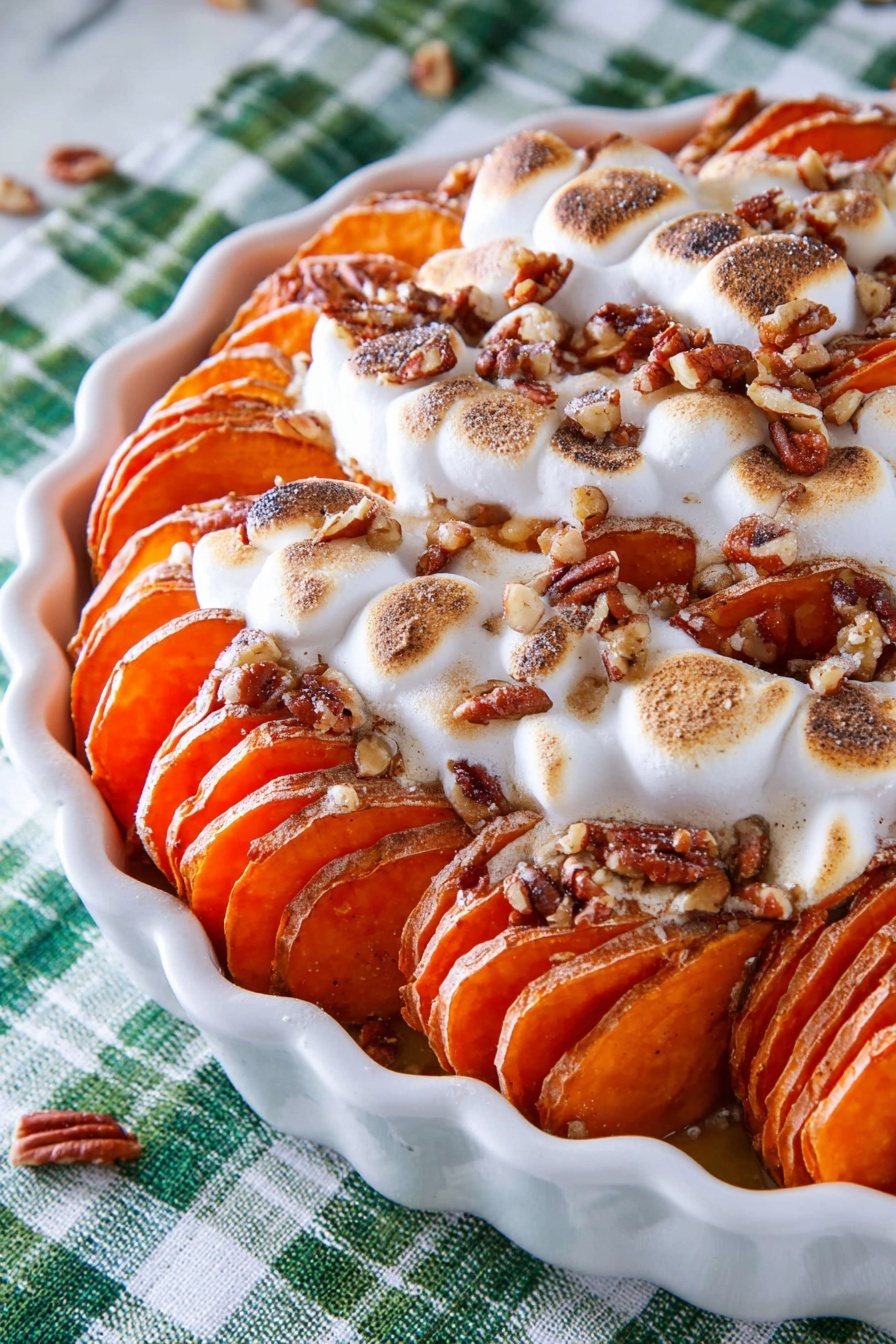 The dish shows three tall stacks of sliced sweet potatoes arranged closely on a white scalloped dish, each slice bright orange with a soft texture. Melted and slightly browned marshmallows cover parts of the sweet potatoes, creating a white and light golden layer with a bubbly texture. Scattered around and between the stacks are small pieces of chopped pecans, adding a crunchy texture and a dark brown color contrast. The dish sits on a green and white plaid cloth with a white marbled surface underneath. The overall look is warm, soft, and inviting with a mix of smooth, crispy, and nutty textures photo taken with an iphone --ar 2:3 --v 7 - Sweet Potato Scalloped Bake with Pecans, sweet potato casserole with pecans, baked sweet potato side dish, holiday sweet potato bake, easy sweet potato casserole