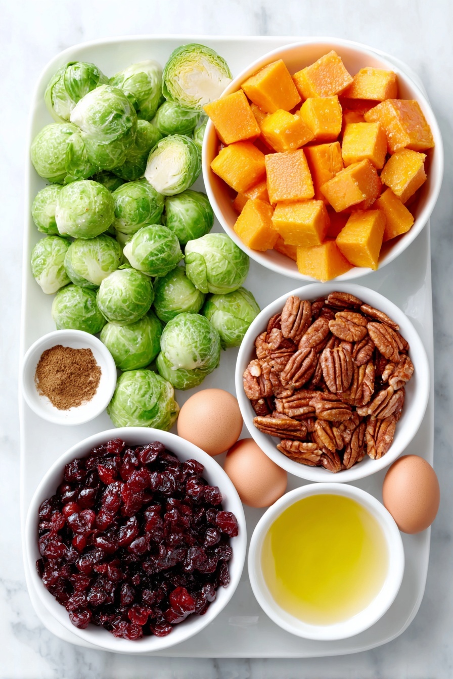 Flat lay of fresh halved Brussels sprouts with bright green leaves, peeled and cubed butternut squash in vibrant orange cubes, a small white ceramic bowl of golden olive oil, a small white ceramic bowl of deep amber maple syrup, a small white ceramic bowl of ground cinnamon powder, a handful of glossy pecan halves, a small pile of dried tart red cranberries, and two whole uncracked brown eggs placed symmetrically, all arranged neatly on a simple white ceramic plate and bowls, placed on a clean white marble surface, soft natural light, photo taken with an iPhone, professional food photography style, fresh ingredients, white ceramic bowls, no bottles, no duplicates, no utensils, no packaging --ar 2:3 --v 7 --p m7354615311229779997 - Roasted Brussels Sprouts and Butternut Squash Easy Salad, seasonal fall salad recipes, easy roasted veggie salad, healthy fall side dish, Thanksgiving salad ideas