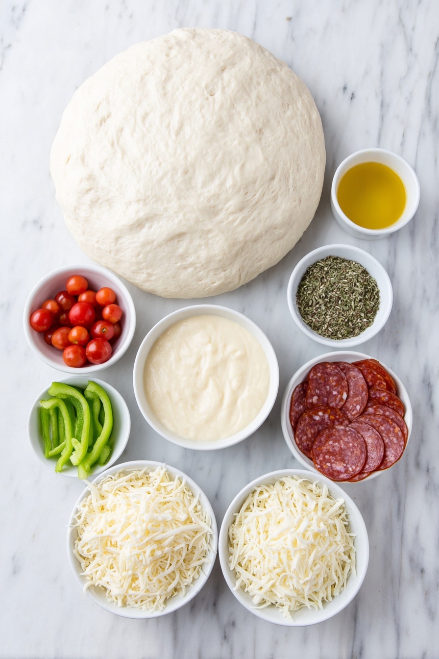 Flat lay of a round ball of fresh pizza dough, five whole mozzarella cheese sticks, a small white bowl of golden olive oil, a small white bowl with mixed Italian herbs, a small white bowl filled with creamy Alfredo sauce, a small white bowl holding bright green pesto sauce, a small white bowl of shredded mozzarella cheese, half a small green bell pepper sliced into thin strips, a small white bowl with halved red cherry tomatoes, a small white bowl containing mini pepperoni slices, a small white bowl of finely grated Parmesan cheese, all arranged in perfect symmetry and balanced proportions on simple white ceramic dishes placed on a clean white marble surface, soft natural light, photo taken with an iPhone, professional food photography style, fresh ingredients, white ceramic bowls, no bottles, no duplicates, no utensils, no packaging --ar 2:3 --v 7 --p m7354615311229779997 - Christmas Tree Pizza with Pesto and Cheese, festive holiday pizza, easy holiday pizza recipe, Christmas pizza ideas, pesto cheese pizza