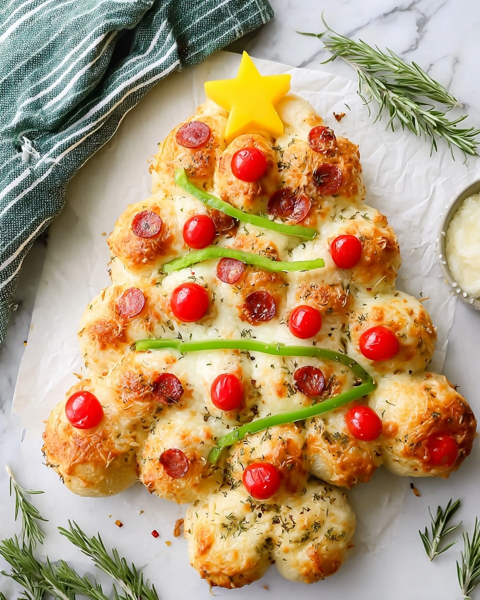 A Christmas tree shaped bread made of small round rolls arranged in rows, with a base of four rolls covered in a topping of mixed herbs forming the tree trunk. The tree part is covered in melted white cheese that stretches over each roll, with small red cherry tomatoes and thin curved slices of green bell pepper arranged in a pattern resembling ornaments and garlands. A star-shaped yellow cheese piece tops the tree. The bread sits on a white marbled surface with sprigs of rosemary around it, and a square white dish with dried herbs is slightly visible in the background. Photo taken with an iphone --ar 2:3 --v 7 - Christmas Tree Pizza with Pesto and Cheese, festive holiday pizza, easy holiday pizza recipe, Christmas pizza ideas, pesto cheese pizza
