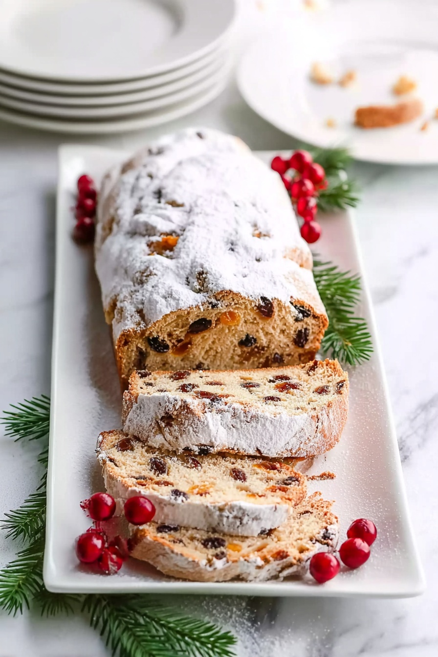 A large loaf of fruit bread covered with a thick layer of white powdered sugar sits on a white marbled surface. The loaf is partially sliced, showing two slices in front with a light brown crumb dotted with dark red cherries and nuts. To the left of the loaf is a metal sieve filled with powdered sugar. Small pine cones, green fir branches, and bright red berries decorate the corners of the scene, giving a festive feel. Photo taken with an iphone --ar 2:3 --v 7 - Traditional Christmas Stollen Bread, Christmas Stollen Bread, Holiday Stollen Bake, Festive Christmas Bread, Christmas Fruit Bread