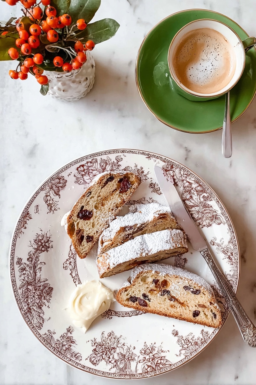 The image shows a white plate with brown floral patterns, holding four uneven slices of fruit bread with visible dried fruit pieces inside. The bread slices are lightly dusted with powdered sugar. On the plate near the bread, there is a small spread of white cream or butter with a silver knife resting on the plate. Above the plate, a green cup and saucer filled with foamed coffee is seen, accompanied by a silver spoon with some froth on it. In the top left corner, a small white vase with orange-red berries and green leaves is placed on a white marbled surface. photo taken with an iphone --ar 2:3 --v 7 - Traditional Christmas Stollen Bread, Christmas Stollen Bread, Holiday Stollen Bake, Festive Christmas Bread, Christmas Fruit Bread
