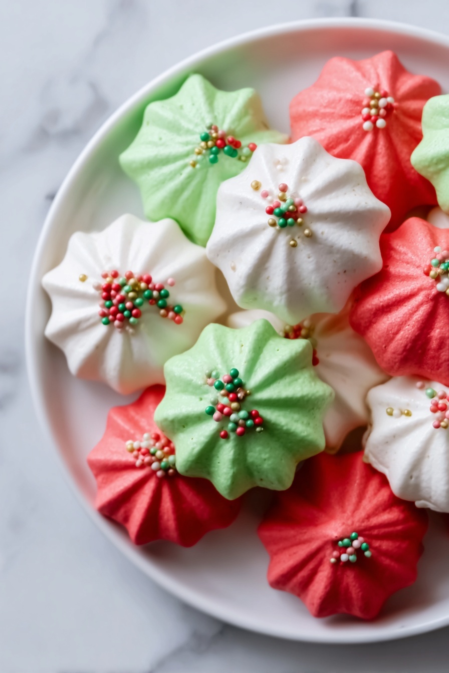 The image shows a white plate filled with colorful meringue cookies arranged closely together. There are three colors: white, green, and red, each cookie shaped like a star with ridged edges and a smooth, light texture. Some white and green cookies have tiny colorful round sprinkles on top, arranged in small clusters, while the red cookies are plain. The white plate is on a white marbled surface that adds subtle texture in the background. Photo taken with an iphone --ar 2:3 --v 7 - Christmas Meringue Kisses, festive meringue bites, holiday cookies, peppermint meringue treats, colorful Christmas desserts