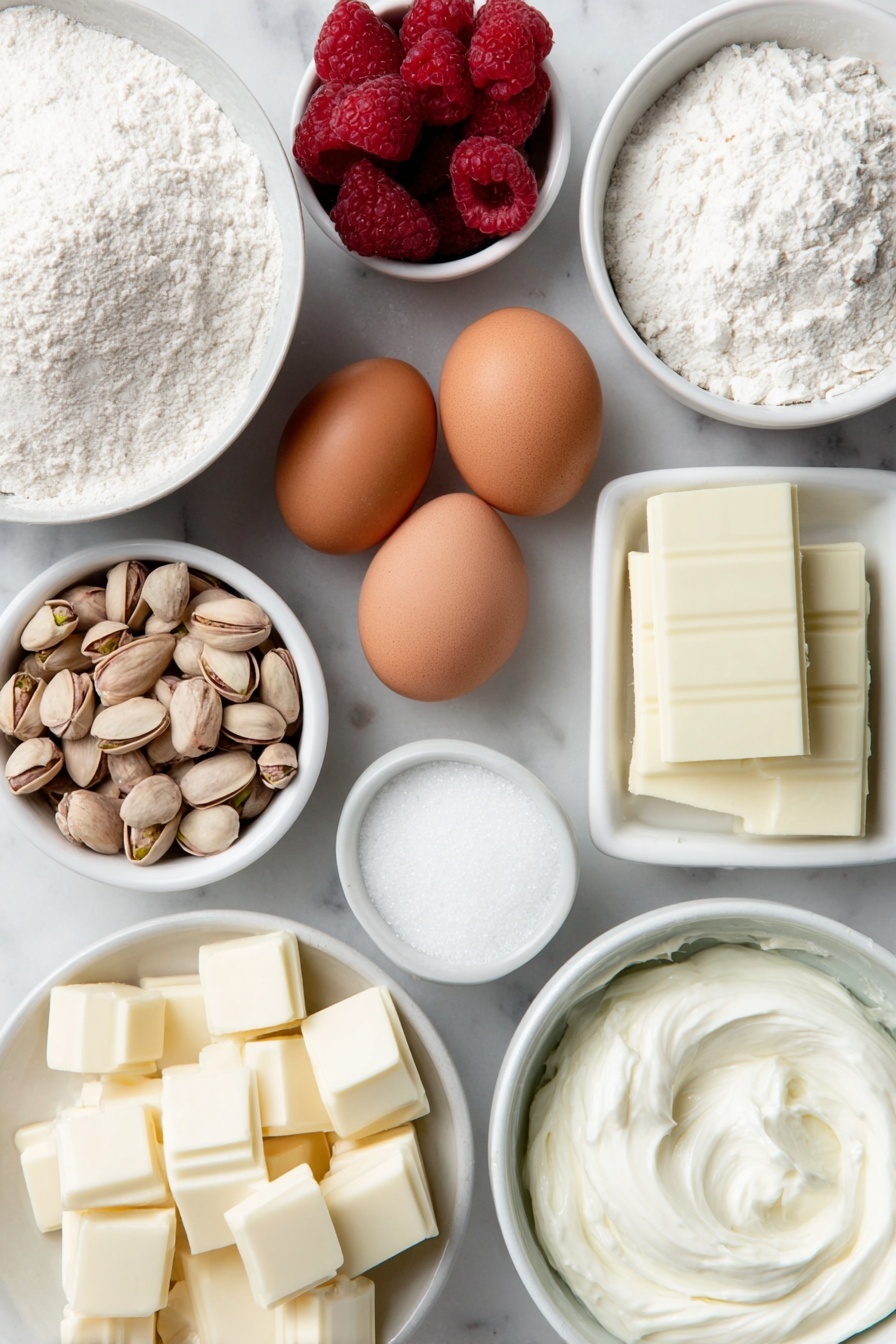 Flat lay of raw whole pistachios scattered beside a small pile of bright red fresh raspberries, four whole uncracked brown eggs with clean shells, a small white ceramic bowl filled with fine white self-raising flour, a small white ceramic bowl of granulated sugar crystals, a small white ceramic bowl with clear hot water, a small white ceramic bowl holding smooth softened unsalted butter, a block of white chocolate broken into chunks, a small white ceramic bowl of thick cream cheese, and a small white ceramic bowl filled with heavy cream, all arranged symmetrically and balanced, placed on a clean white marble surface, soft natural light, photo taken with an iPhone, professional food photography style, fresh ingredients, white ceramic bowls, no bottles, no duplicates, no utensils, no packaging --ar 2:3 --v 7 --p m7354615311229779997 - Christmas Raspberry Pistachio Roulade, festive raspberry pistachio swiss roll, holiday raspberry pistachio dessert, Christmas roulade with raspberries and pistachios, festive white chocolate berry roll
