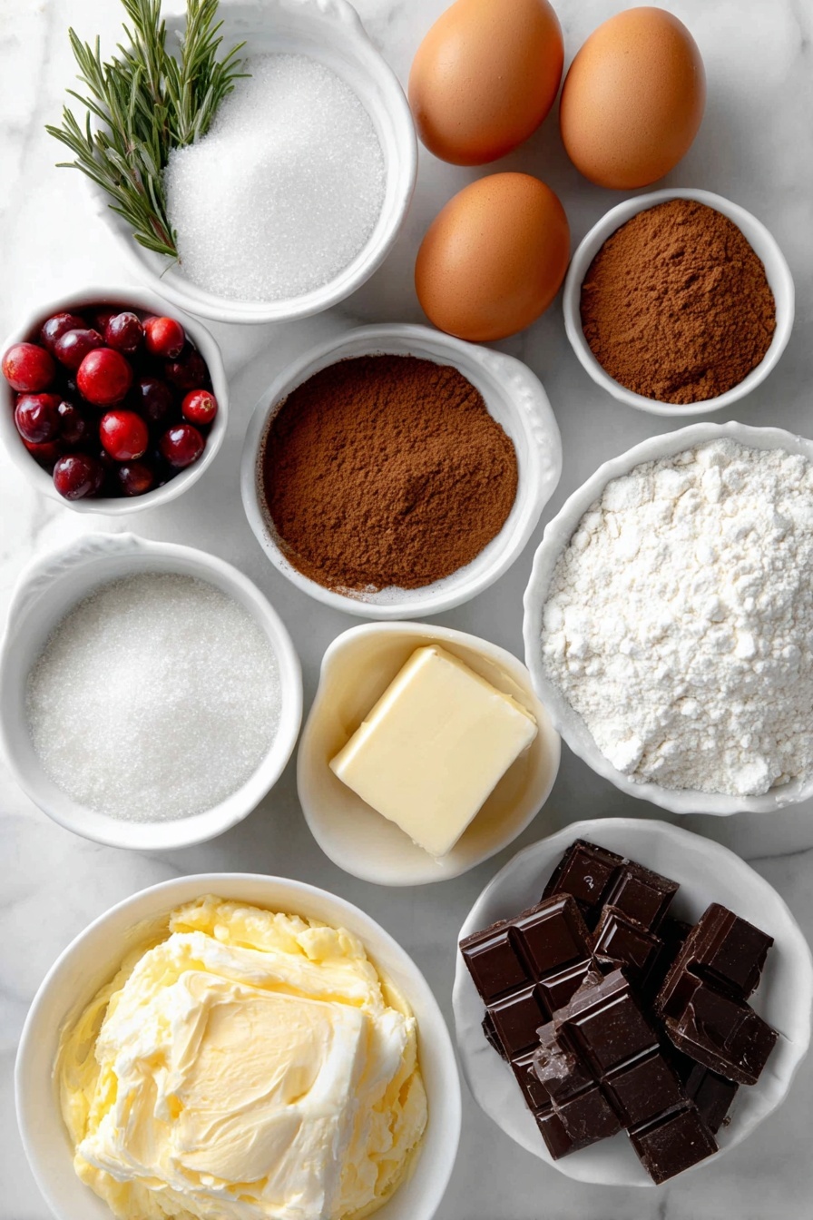 Flat lay of four whole uncracked brown eggs, a small white ceramic bowl of granulated sugar, a small white ceramic bowl of cake flour, a small white ceramic bowl of unsweetened cocoa powder, a small white ceramic bowl of baking powder, a small white ceramic bowl of espresso powder, a small white ceramic bowl of salt, a small white ceramic bowl with chopped bittersweet dark chocolate, a small white ceramic bowl with an unsalted butter pat, a small white ceramic bowl of pure vanilla extract, a small white ceramic bowl of heavy cream, a small white ceramic bowl of powdered sugar, fresh sprigs of rosemary, and fresh cranberries placed on a clean white marble surface, soft natural light, photo taken with an iPhone, professional food photography style, fresh ingredients, white ceramic bowls, no bottles, no duplicates, no utensils, no packaging --ar 2:3 --v 7 --p m7354615311229779997 - Chocolate Yule Log Cake, festive chocolate log cake, holiday Yule log dessert, easy chocolate Yule log, Christmas cake log