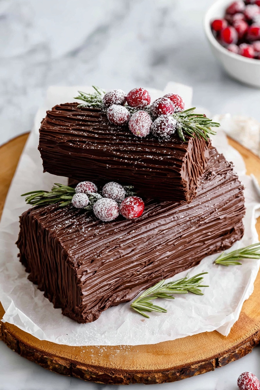 The image shows a Yule log cake with two main parts joined together in a V shape on a white marbled surface. The outside of the cake is covered in thick dark brown chocolate with wavy lines to look like tree bark. Inside, you can see one layer of chocolate sponge cake rolled with white cream in a spiral. The top is decorated with bright red cranberries dusted with white powdered sugar and a few sprigs of green rosemary, adding color. The cake rests on a crumpled piece of white paper, which is on a round wooden board with bark edges. The background is blurry with large yellow and white light circles. Photo taken with an iphone --ar 2:3 --v 7 - Chocolate Yule Log Cake, festive chocolate log cake, holiday Yule log dessert, easy chocolate Yule log, Christmas cake log