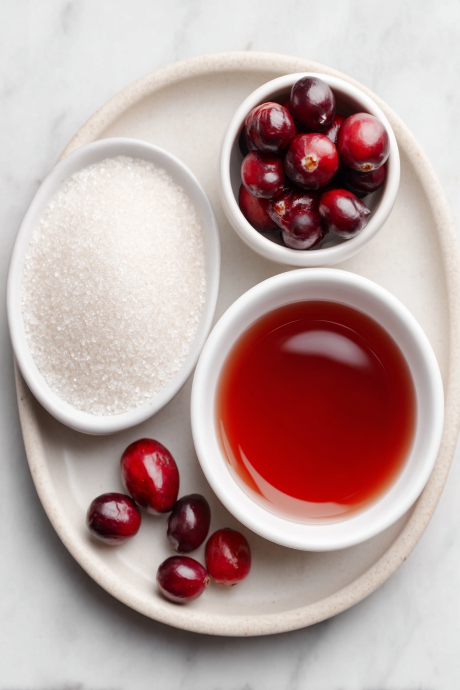 Flat lay of a small white ceramic bowl filled with bright red cranberry juice, a neat pile of fine white powdered gelatin flakes, a small white ceramic bowl with granulated white sugar crystals, a few whole fresh cranberries scattered naturally, all arranged symmetrically on a clean white ceramic plate, placed on a clean white marble surface, soft natural light, photo taken with an iPhone, professional food photography style, fresh ingredients, white ceramic bowls, no bottles, no duplicates, no utensils, no packaging --ar 2:3 --v 7 --p m7354615311229779997 - Cranberry Jelly Candies, cranberry candies recipe, festive jelly candies, homemade cranberry candies, holiday cranberry treats