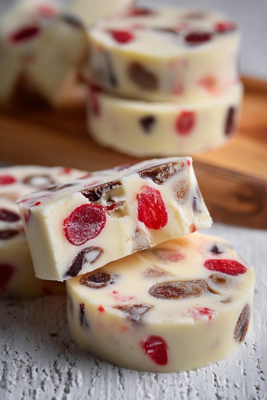 The image shows several round slices of a white creamy dessert with embedded chunks of dark brown and bright red pieces, scattered irregularly inside each slice. The slices have a smooth texture and are thick, stacked slightly on each other on a white textured surface. The background is blurred but suggests more slices stacked on a wooden board. The overall look is soft with contrasting dark and bright bits inside the pale main body. photo taken with an iphone --ar 2:3 --v 7 - Maraschino Cherry Shortbread Cookies, cherry shortbread cookie recipe, holiday shortbread cookies, buttery cherry cookies, easy Christmas cookies