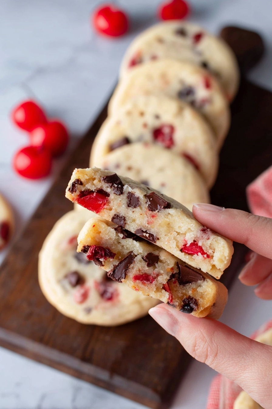 A woman's hand holds a cookie broken in half, showing a soft, pale beige inside with bright red cherry pieces and dark brown chocolate chunks spread throughout. Behind, a row of six whole round cookies with similar colors and textures is arranged on a dark wooden board on top of a white marbled surface. Bright red cherries are placed near the cookies in the background. The cookie surface looks smooth with bits of cherry and chocolate visible. Photo taken with an iphone --ar 2:3 --v 7 - Maraschino Cherry Shortbread Cookies, cherry shortbread cookie recipe, holiday shortbread cookies, buttery cherry cookies, easy Christmas cookies