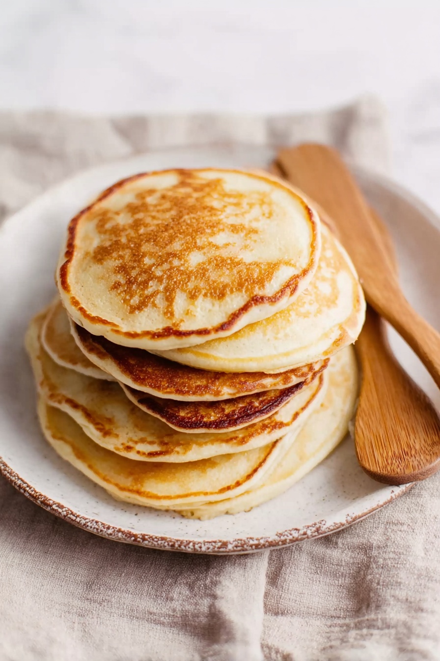 A stack of six golden-brown pancakes is placed slightly messy on a white plate with a rough edge and a beige cloth underneath. The pancakes have a soft and fluffy texture with light browning on top, showing subtle smooth and lacy surfaces. Next to the pancakes on the plate, there are two wooden spatulas resting diagonally, adding a rustic touch. The whole scene is set on a soft white marbled surface. photo taken with an iphone --ar 2:3 --v 7 - Fluffy Yogurt Pancakes, easy breakfast pancakes, homemade pancake recipe, fluffy pancake idea, yogurt pancake tips