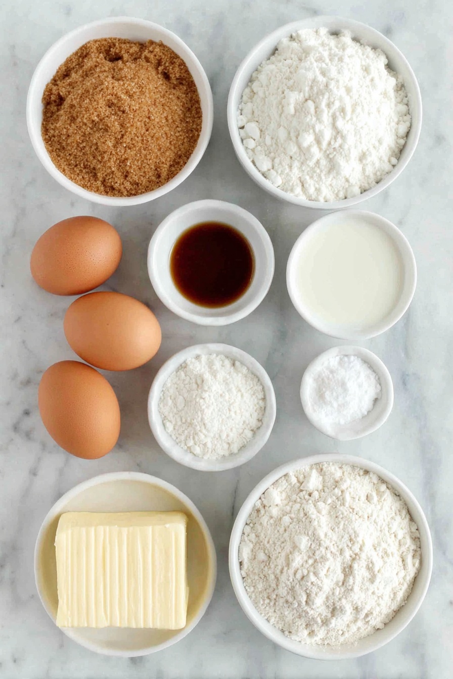 Flat lay of light brown sugar in a small white bowl, unsalted butter at room temperature as a solid golden block, two large whole uncracked brown eggs, a small white bowl of unsulfured molasses with deep amber color, a small white bowl of buttermilk with creamy white liquid, a small white bowl of powdered sugar finely sifted, a small white bowl of meringue powder as fine white granules, a small white bowl of vanilla extract pale golden liquid, ground ginger, ground cinnamon, ground nutmeg, ground cloves, and salt each in separate small white bowls showing their natural powdered textures and colors, a simple white ceramic bowl filled with all-purpose flour showing fine white powder, placed on a clean white marble surface, soft natural light, photo taken with an iPhone, professional food photography style, fresh ingredients, white ceramic bowls, no bottles, no duplicates, no utensils, no packaging --ar 2:3 --v 7 --p m7354615311229779997 - Christmas Gingerbread Cupcakes, gingerbread cupcakes with cream cheese frosting, holiday spice cupcakes, festive gingerbread treats, Christmas dessert recipes