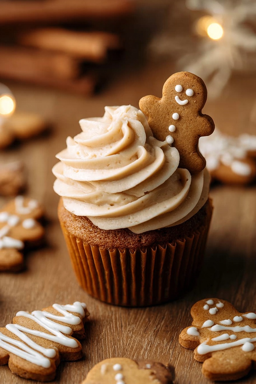 A brown cupcake with a thick layer of light beige frosting swirled on top, decorated with a small gingerbread man cookie partially pressed into the frosting on one side. Around the cupcake, there are several flat gingerbread cookies, including gingerbread men with three small white dots of icing on their bodies and triangular tree-shaped cookies with white icing dots and lines. The background is a warm wooden surface with cinnamon sticks and soft lighting. photo taken with an iphone --ar 2:3 --v 7 - Christmas Gingerbread Cupcakes, gingerbread cupcakes with cream cheese frosting, holiday spice cupcakes, festive gingerbread treats, Christmas dessert recipes